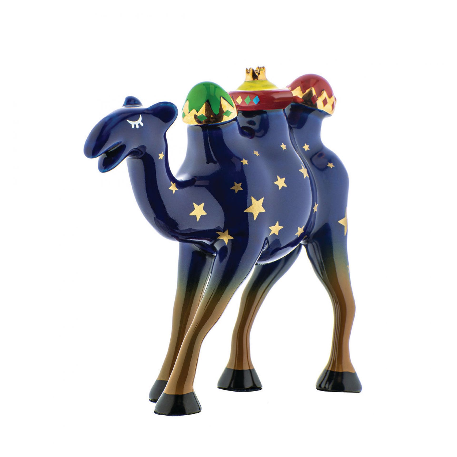 Alessi Happy Eternity Baby Kamel AGJ01, blaue Weihnachtsfigur mit goldenen Sternen.