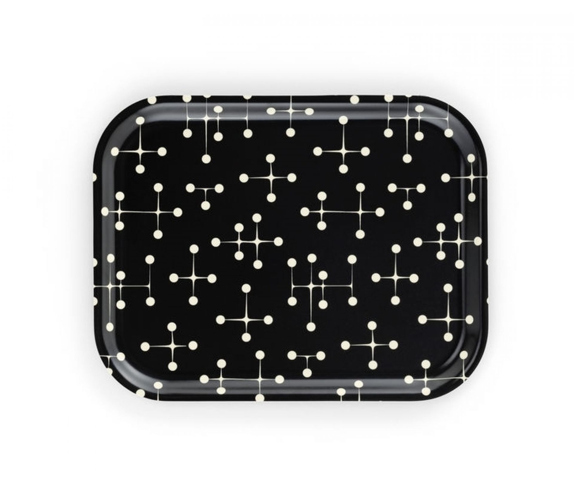 Schwarzes Vitra Tablett "Dot Pattern reverse dark" mit weißem Punktmuster, ein stilvolles Serviertablett.