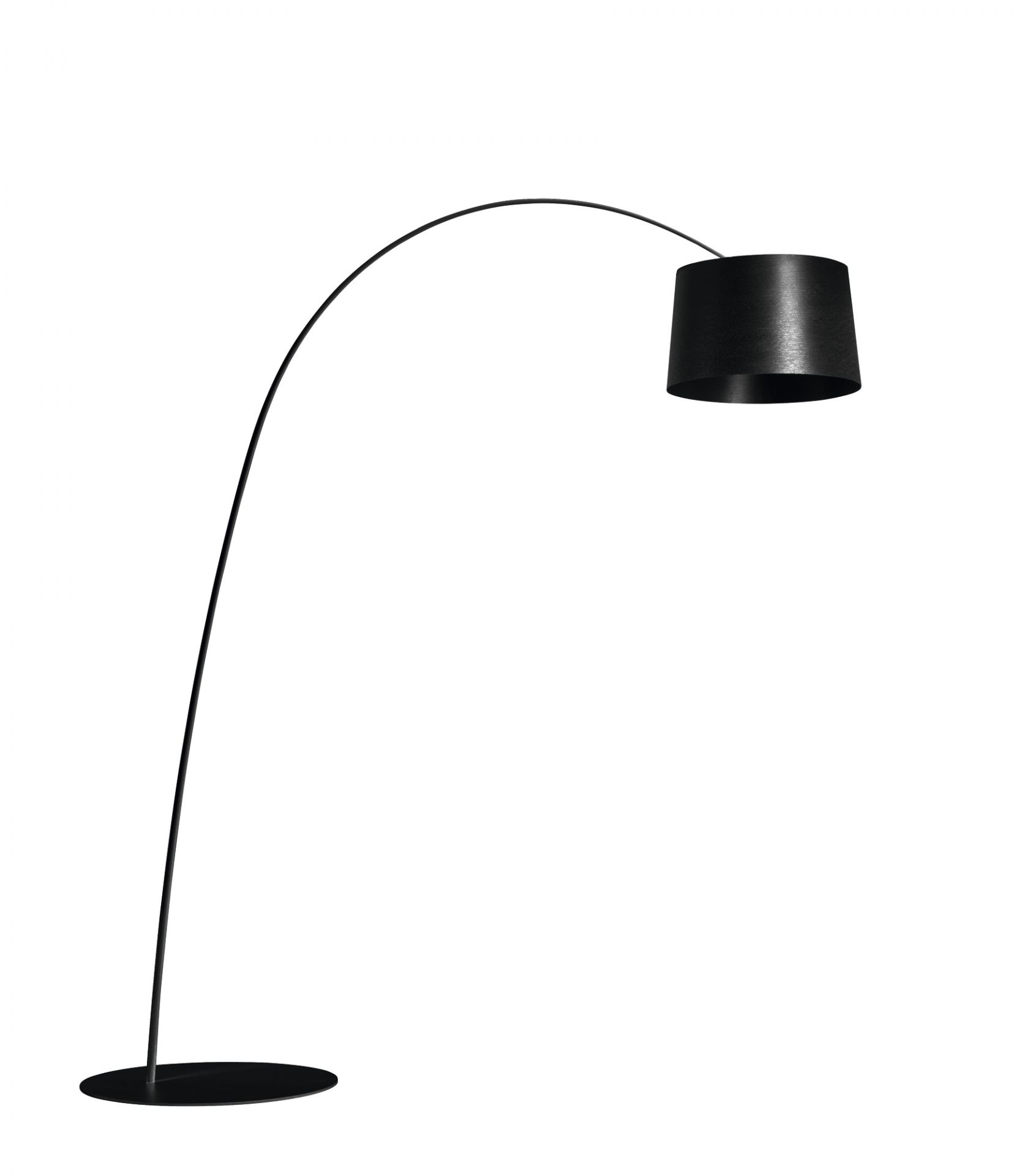 Schwarze Twiggy Bogenleuchte von Foscarini: Moderne Stehlampe mit rundem Lampenschirm und filigranem, gebogenem Lampenfuß.