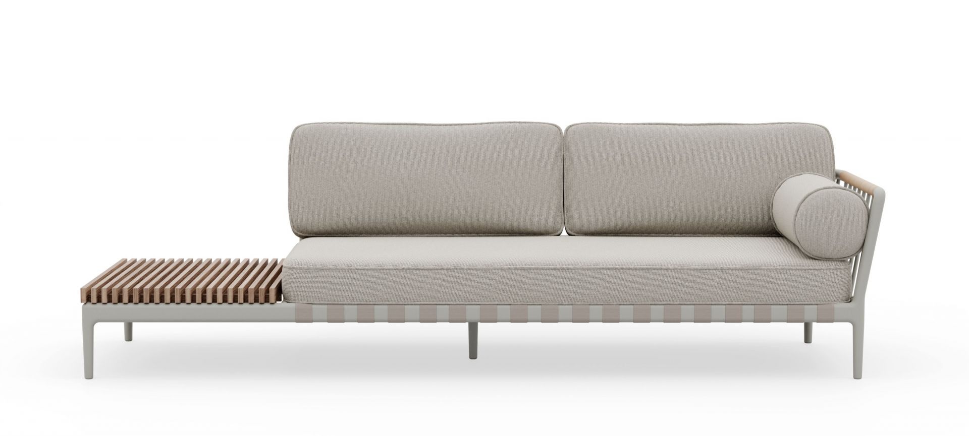 Open-Air Outdoor Sofa von Vipp mit offenem Ende links, hellgraue Polster und Holzablage.