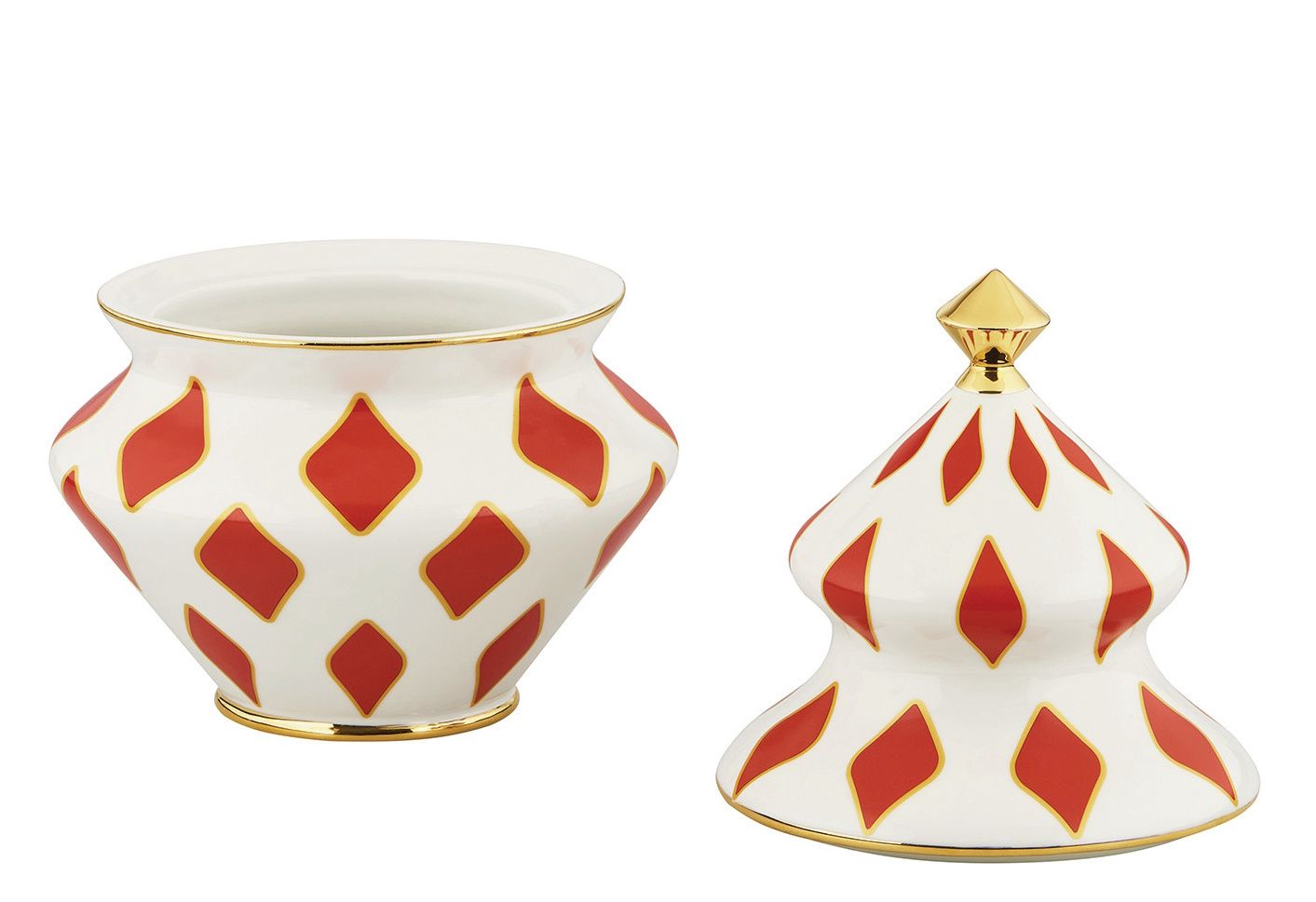 Alessi NZ03 Delight Süßigkeitenbehälter aus Porzellan mit rotem Rautenmuster und goldenen Akzenten, Deckel daneben.