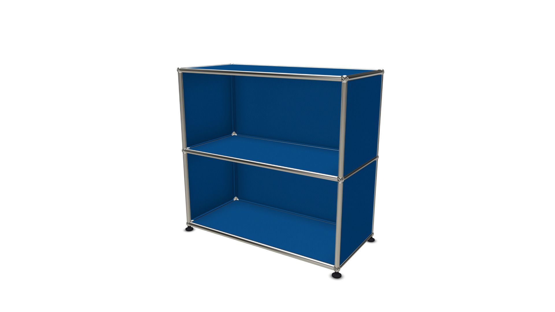 USM Haller Regal Sideboard in Enzianblau mit zwei offenen Fächern und verchromtem Gestell.