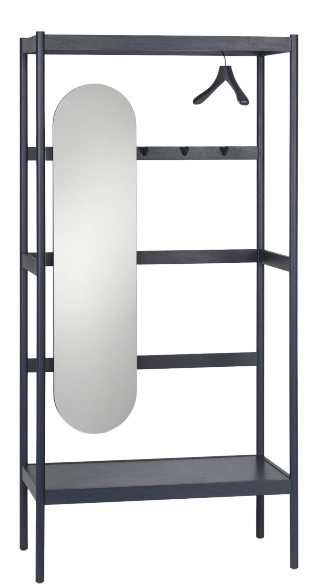 Chester Garderobe von Schönbuch mit Spiegel, Ablagen, Kleiderstange und Haken in dunklem Holz.