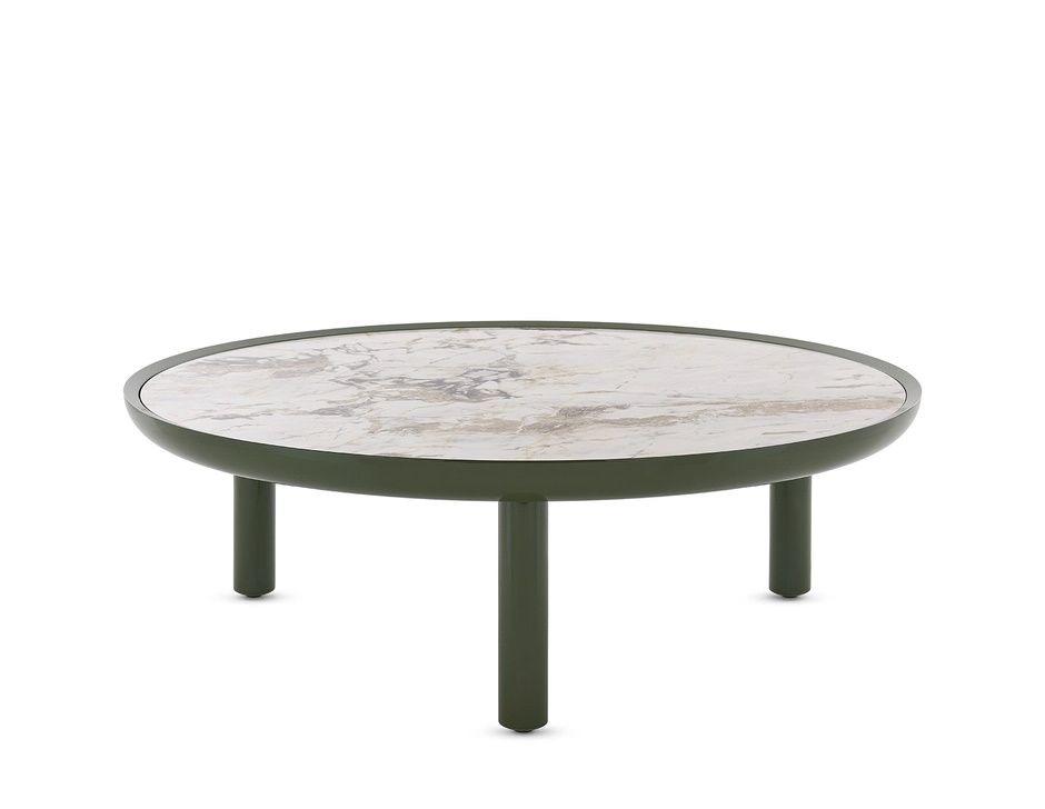Runder K-Top Couchtisch von Kartell in Grün mit Marmorplatte, modernes Design.