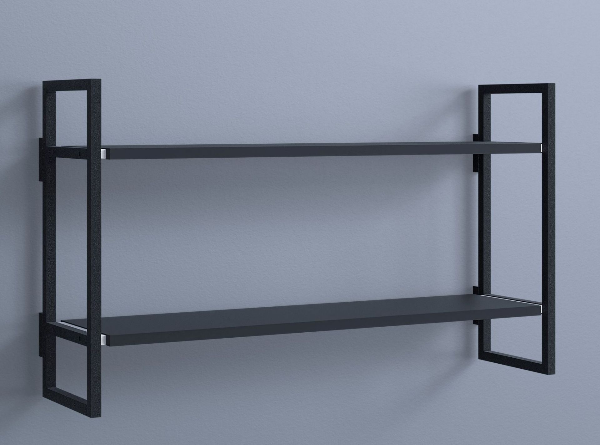 Schwarzes Wandregal Grundmodul C Oncono mit zwei Ablageflächen und modernem Metallrahmen zur Wandmontage.