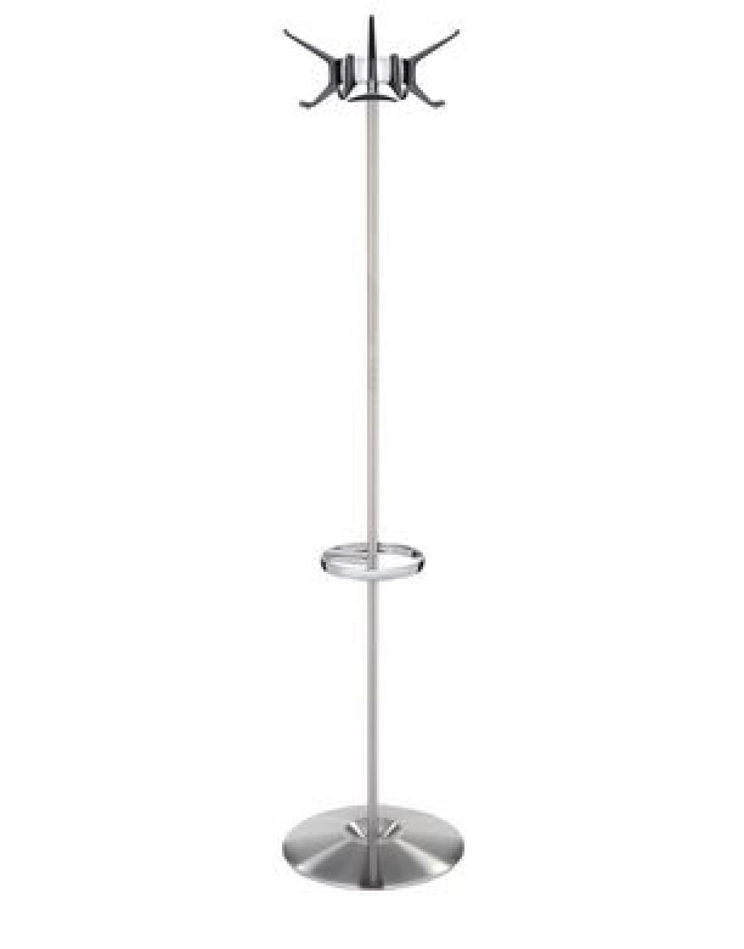 Silberner Hanger Garderobenständer von Kartell mit runder Basis und mehreren Haken für Jacken und Mäntel.
