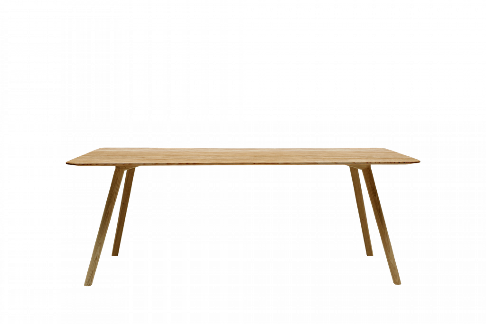 MEYER Tisch Large OUT: Rechteckiger Esstisch aus hellem Holz mit schrägen Beinen.
