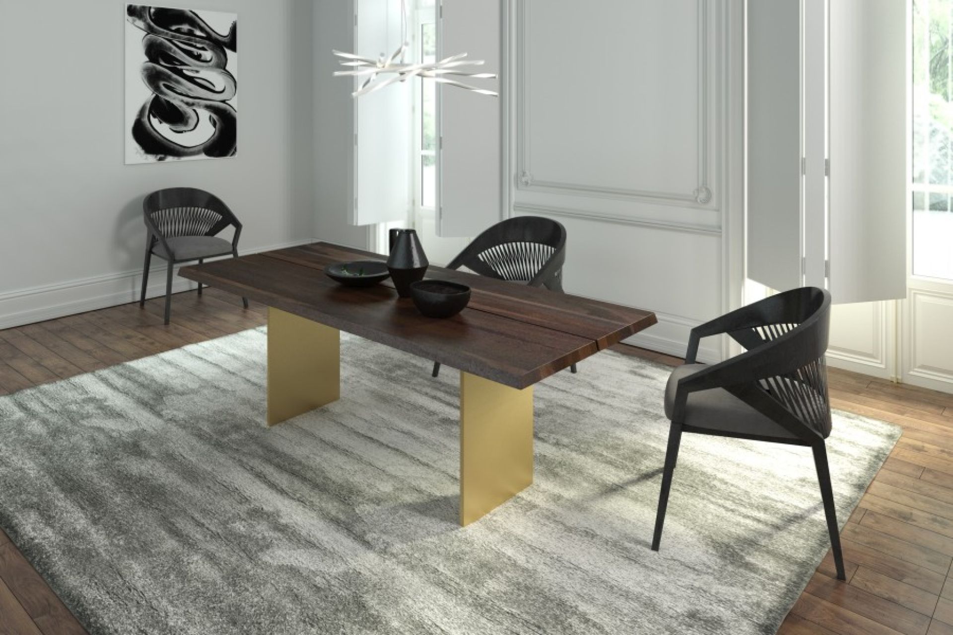 Natt Esstisch Trebord aus dunklem Holz mit goldenem Gestell und modernen Stühlen im Esszimmer.