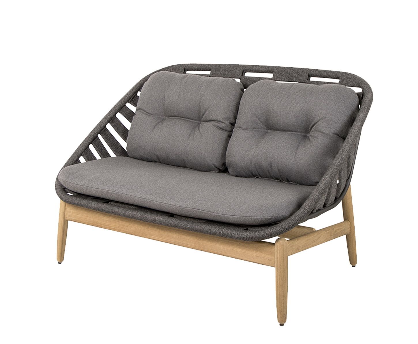 Strington Outdoor Sofa von Cane-Line in Dunkelgrau: Bequemes 2-Sitzer Gartensofa mit hellen Holzbeinen.