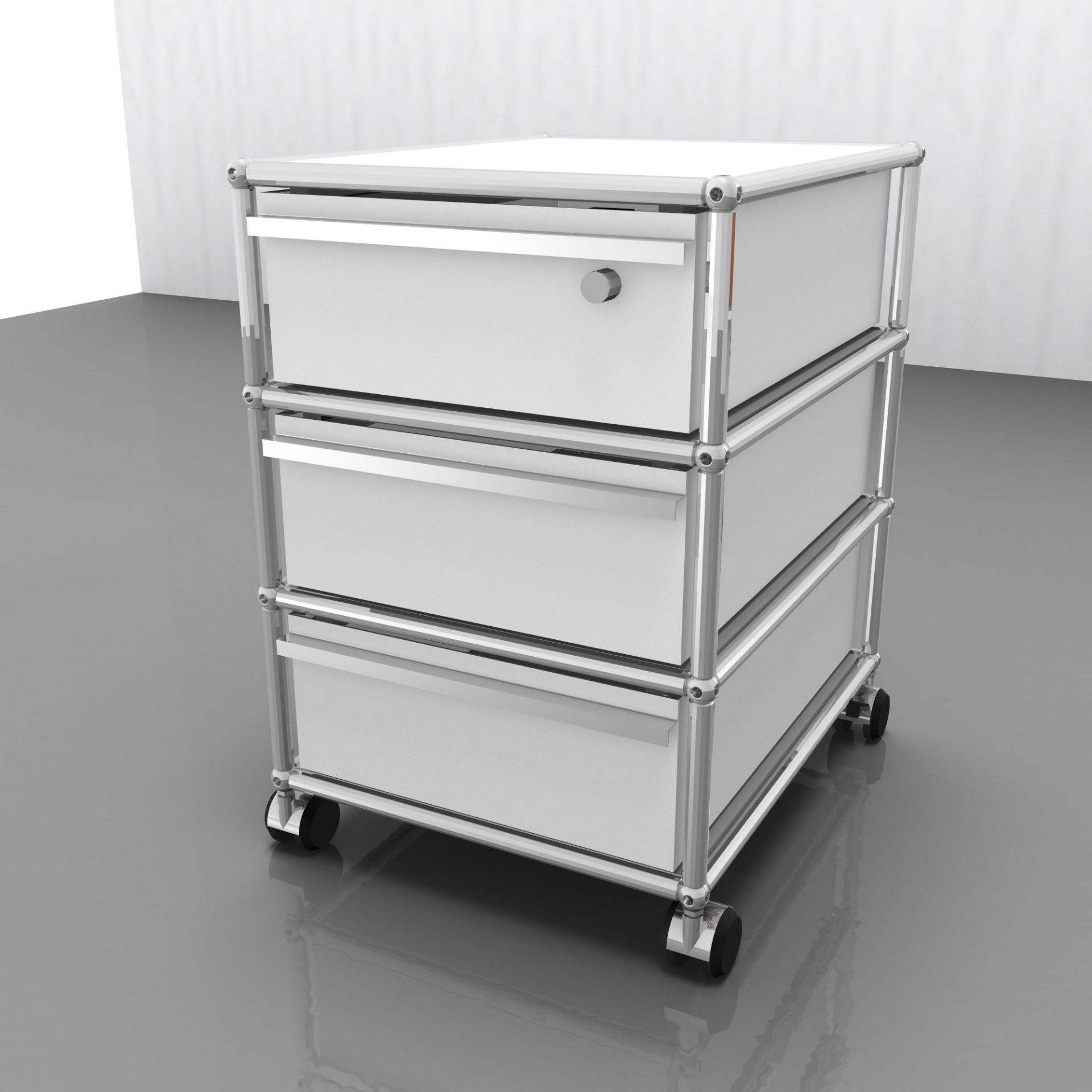 Weißer USM Haller Rollcontainer mit drei Schubladen und Rollen. Möbel für Büro und Zuhause.