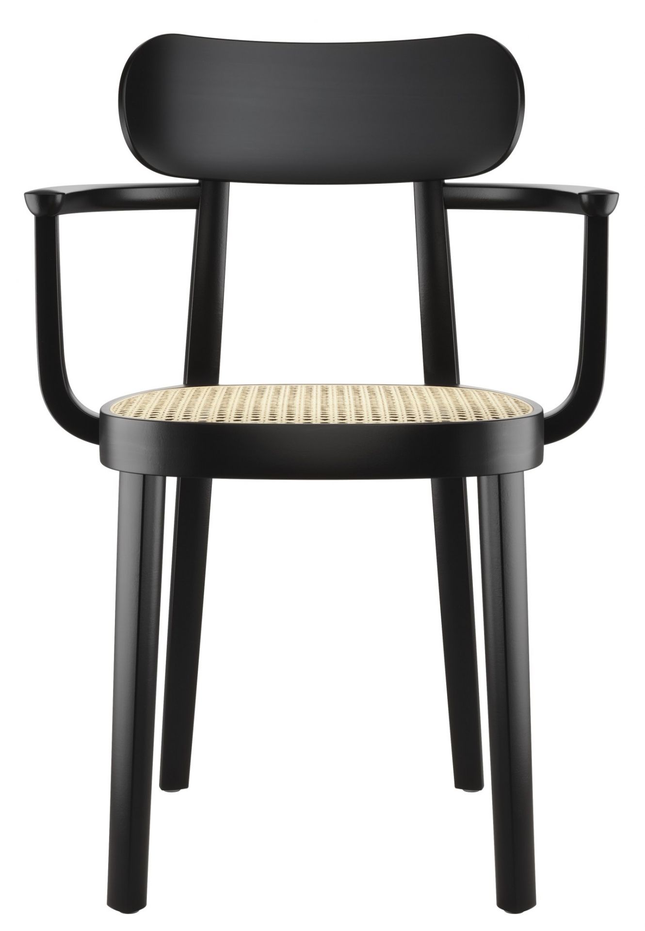 Schwarzer Holzstuhl mit Armlehnen und Wiener Geflecht Sitzfläche, Thonet 118 F Design.