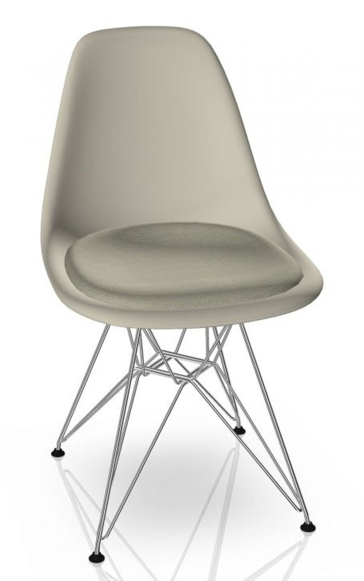 Eames DSR Stuhl mit Sitzpolster, warmgrey/elfenbein, Kiesel, Chromgestell. Designklassiker für Esszimmer und Büro.