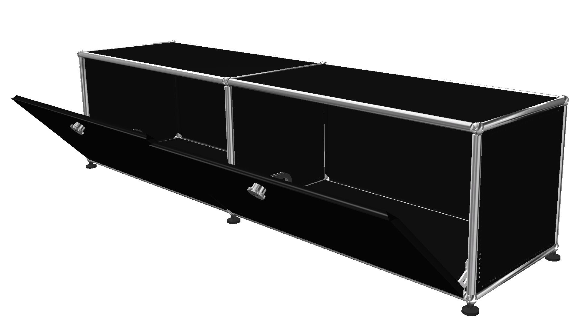 USM Haller Lowboard in Graphitschwarz mit zwei Klappen, modernes Designmöbel für stilvolle Wohnräume.