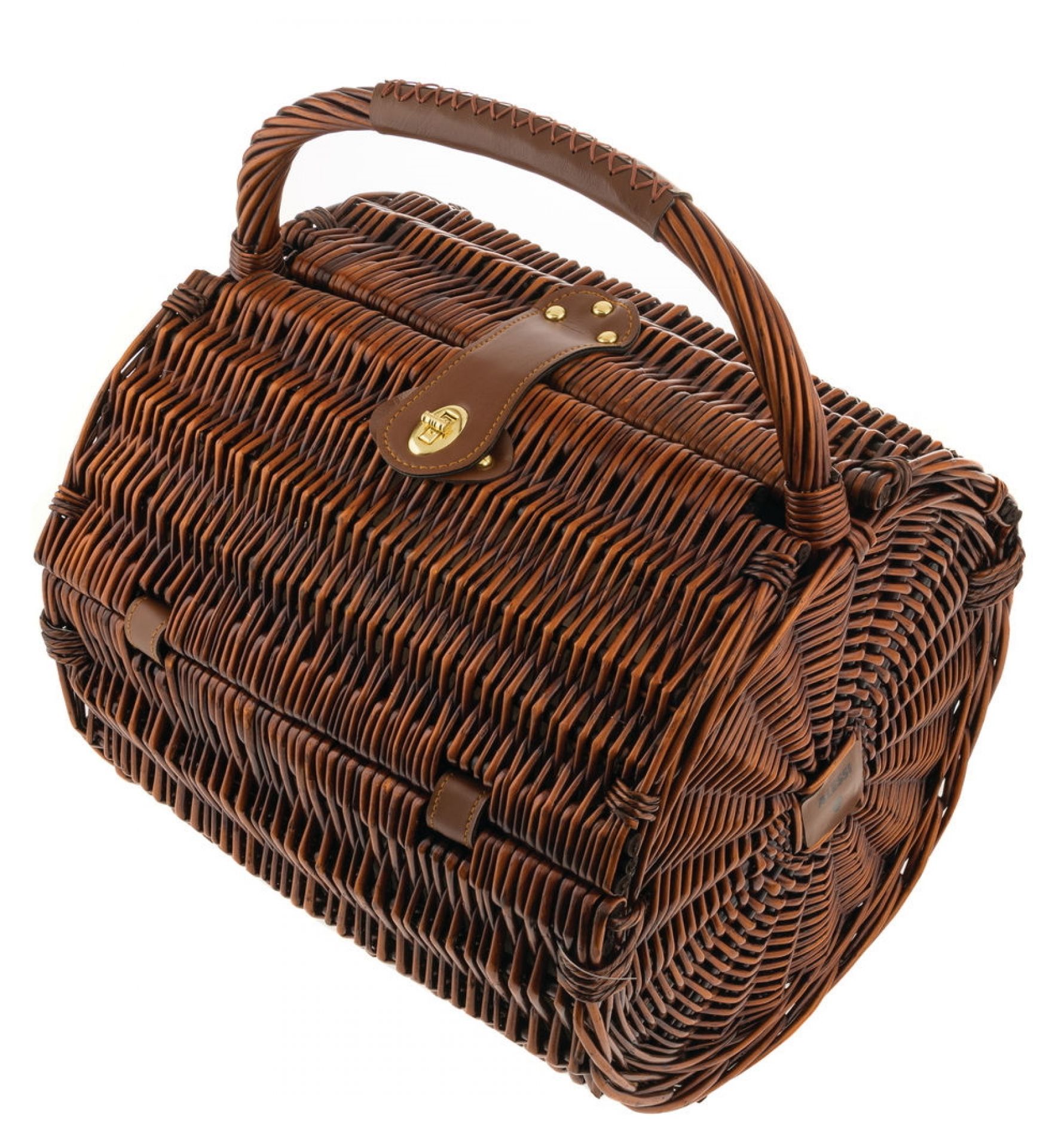 Brauner MW75 Picknickkorb von Alessi aus Korbweide mit Lederdetails und Tragegriff, geschlossen.