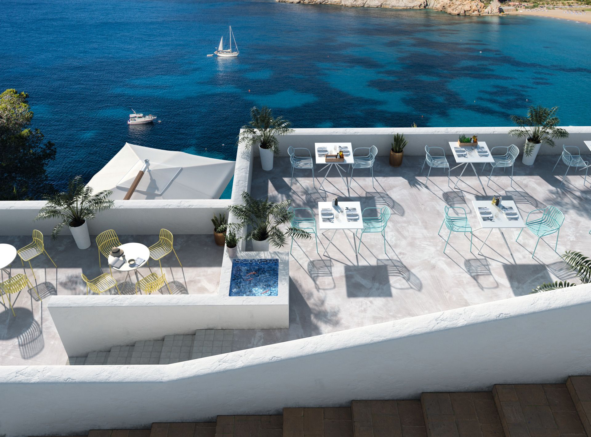 Brunner Crona Steel Bistrotische quadratisch im Outdoor-Bereich mit Meerblick, ideal für Gastronomie und Garten.