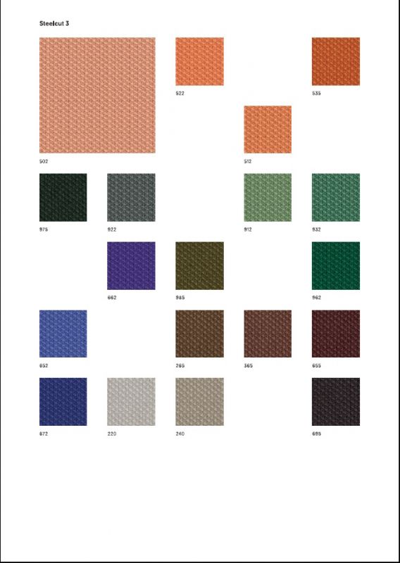 Stoffmusterkarte Steelcut 3 von Kvadrat mit verschiedenen Farbvarianten für Möbelstoffe und Polsterstoffe.