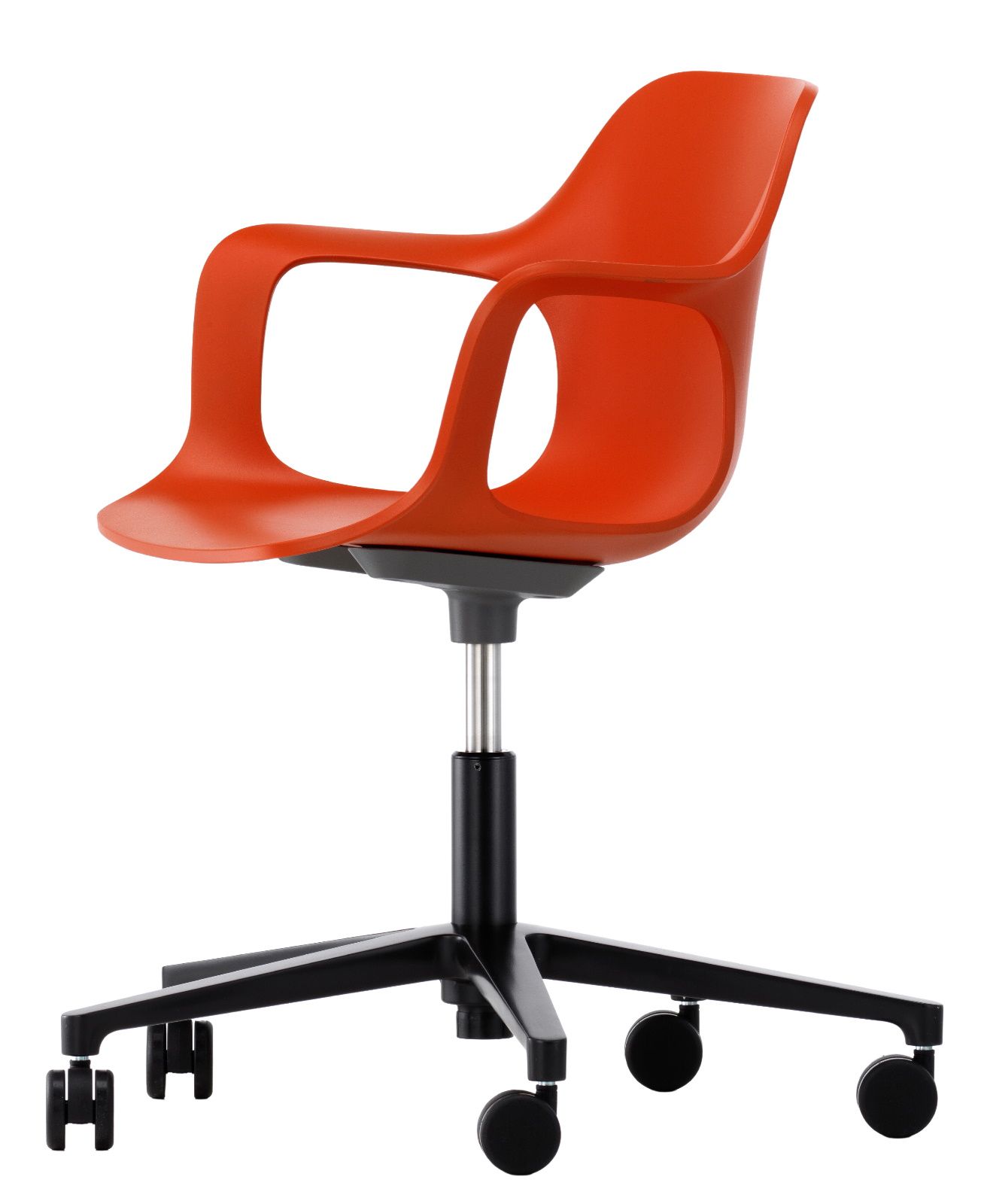 Oranger Hal Armchair Studio Drehstuhl von Vitra mit Armlehnen und schwarzem Fußkreuz mit Rollen.