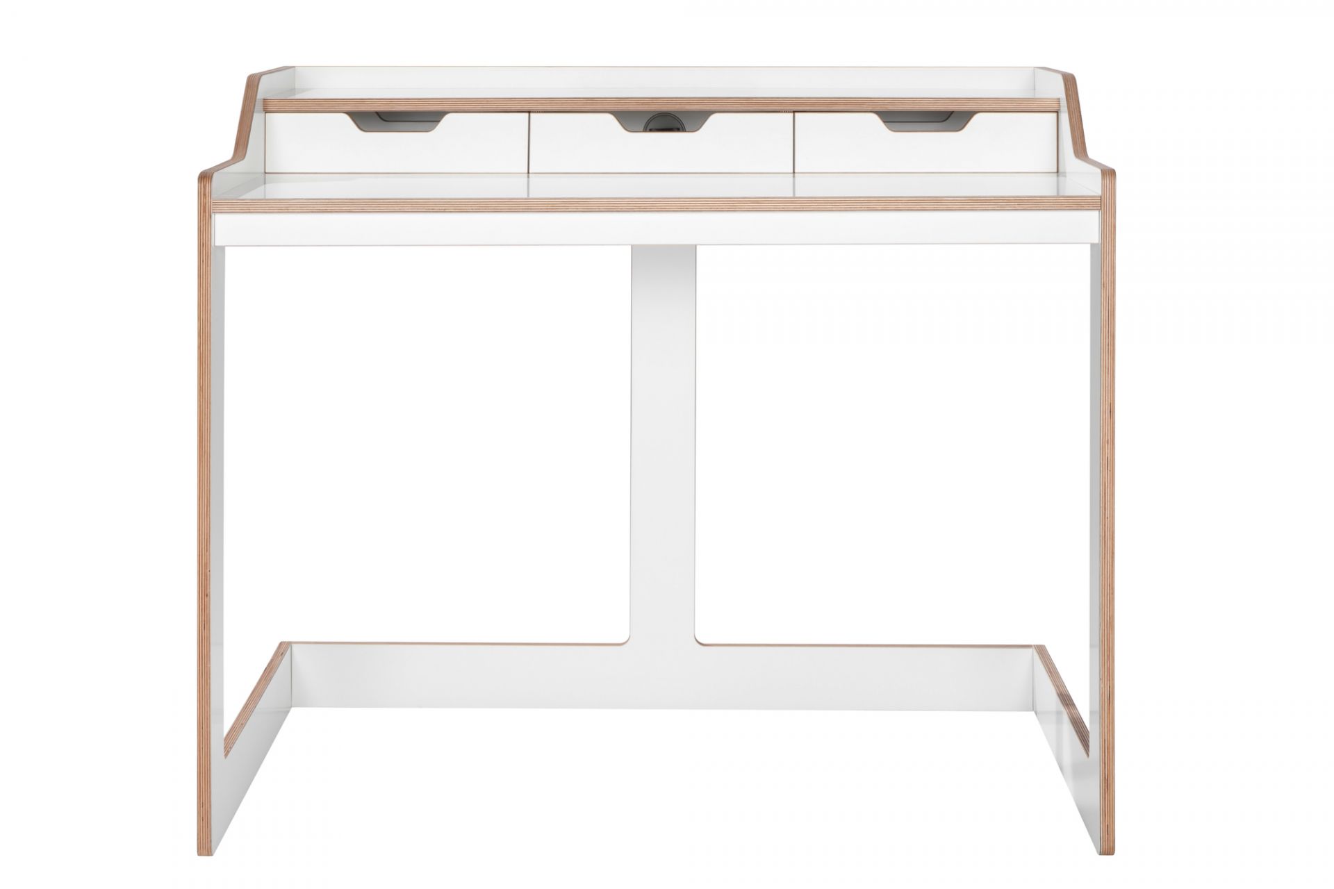 Weißer Plane Sekretär von Müller Möbelwerkstätten mit drei Schubladen und minimalistischem Design.