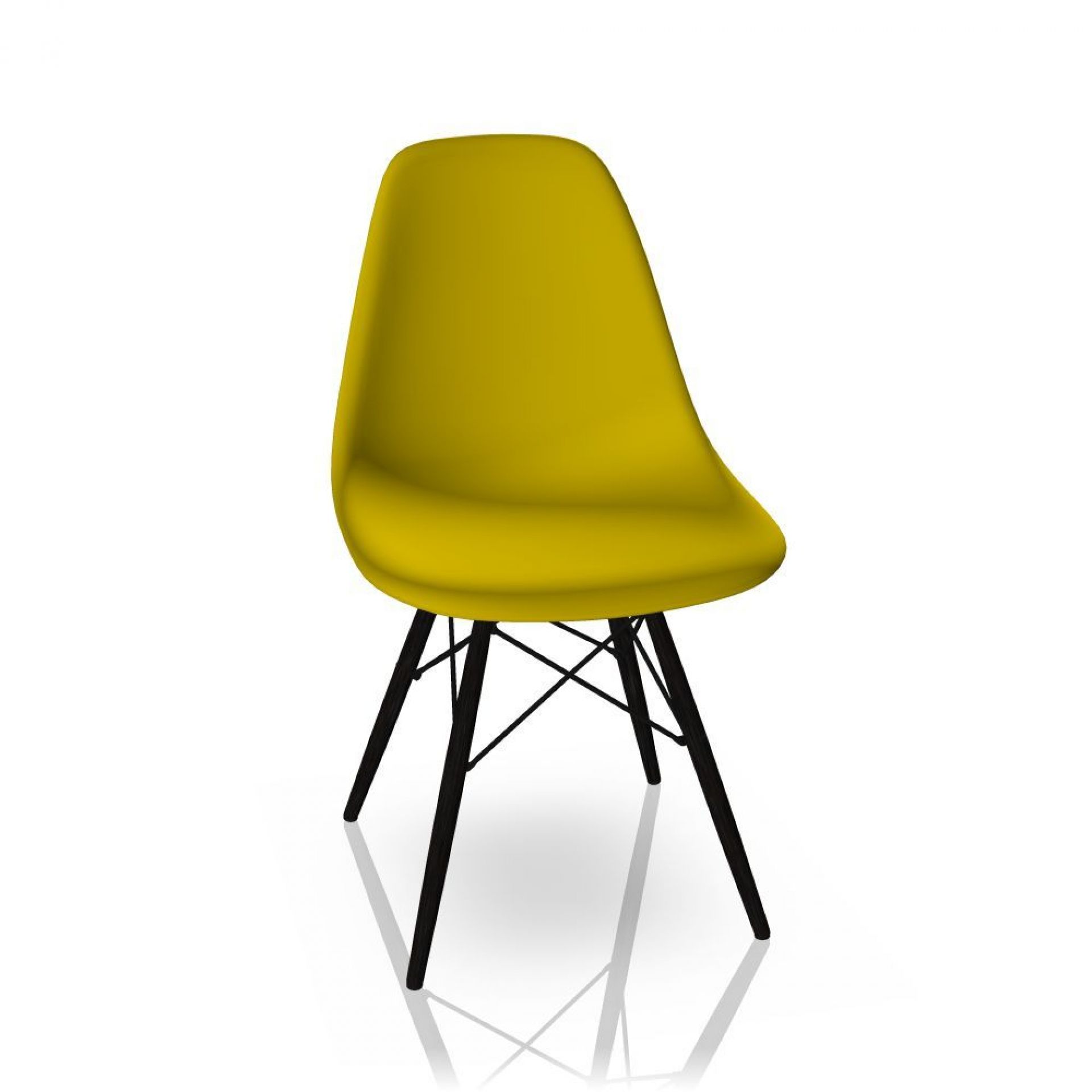 Eames Plastic Side Chair DSW: Senfgelber Design Stuhl von Vitra mit Ahorn-Gestell.
