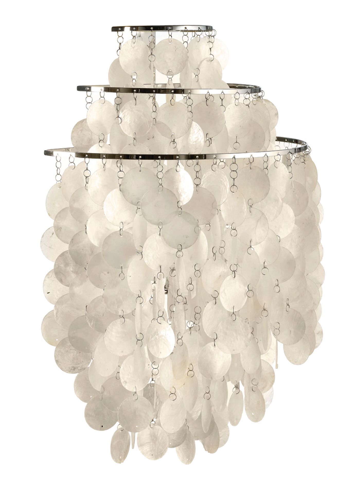 FUN 1WM Wandleuchte von Verpan: Hängelampe mit schimmernden Muschelscheiben und Chrom-Gestell.