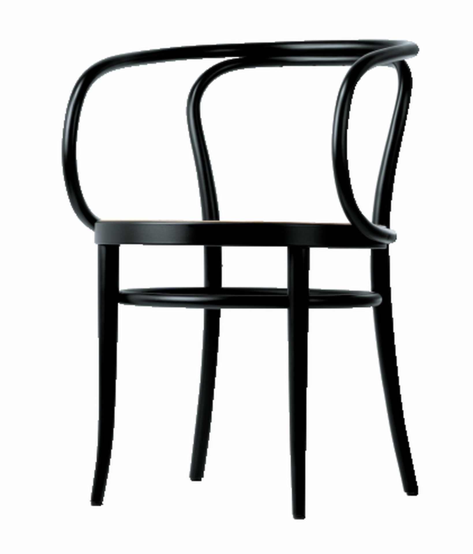 Schwarzer 209 Bugholz Stuhl von Thonet mit Armlehnen und hellem Holzsitz. Klassisches Design.