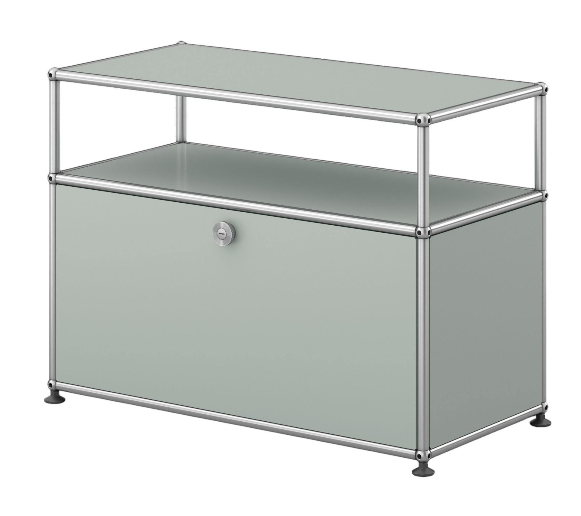 USM Haller Beistelltisch lichtgrau mit Klappe, modernes Designmöbel für Wohnzimmer und Büro.