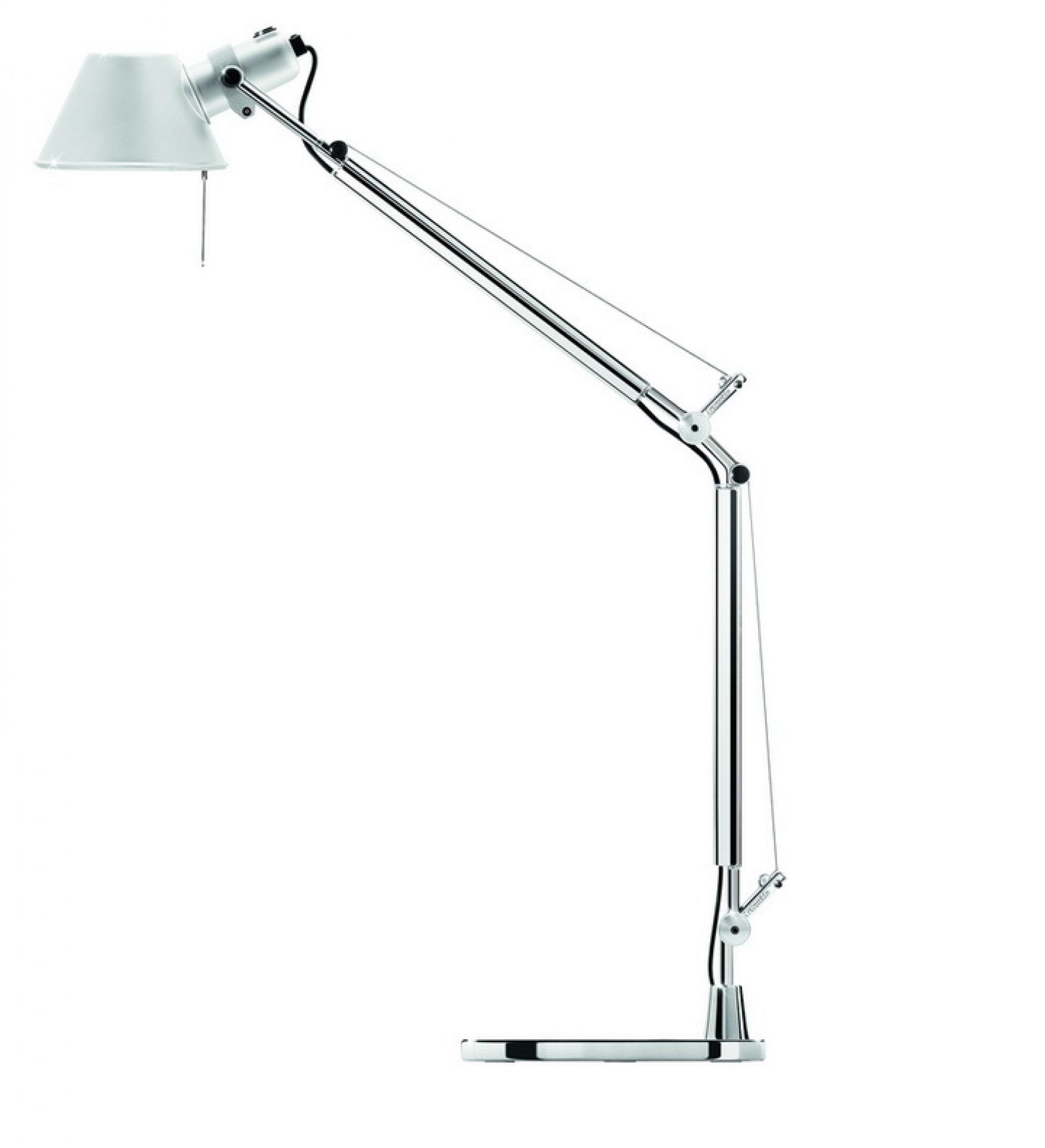 Nahaufnahme der modernen Artemide Tolomeo LED Tischleuchte aus Aluminium, verstellbar und elegant.