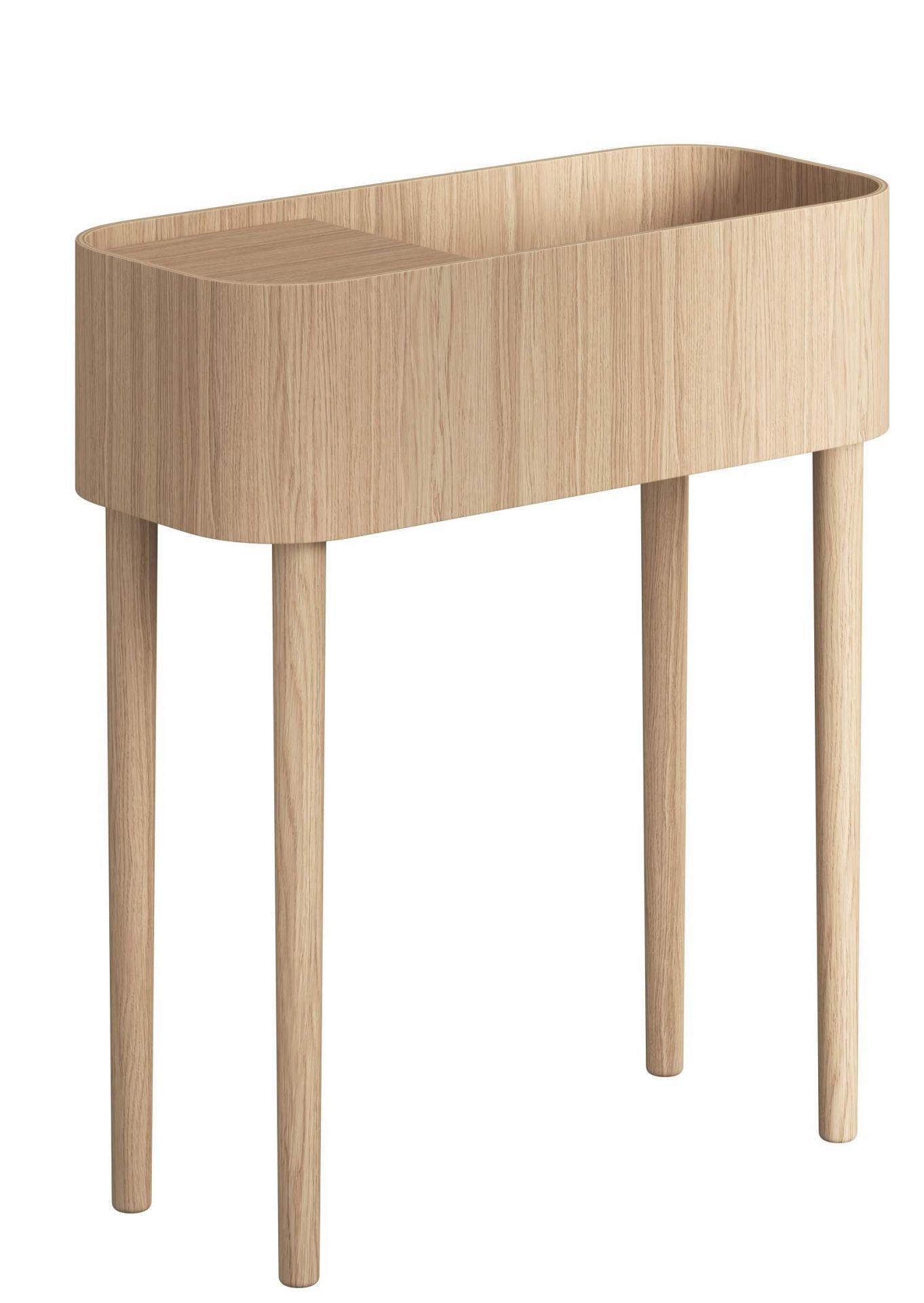 Serena Konsole Tisch aus hellem Holz, modernes Design mit abgerundeten Kanten und vier Beinen.