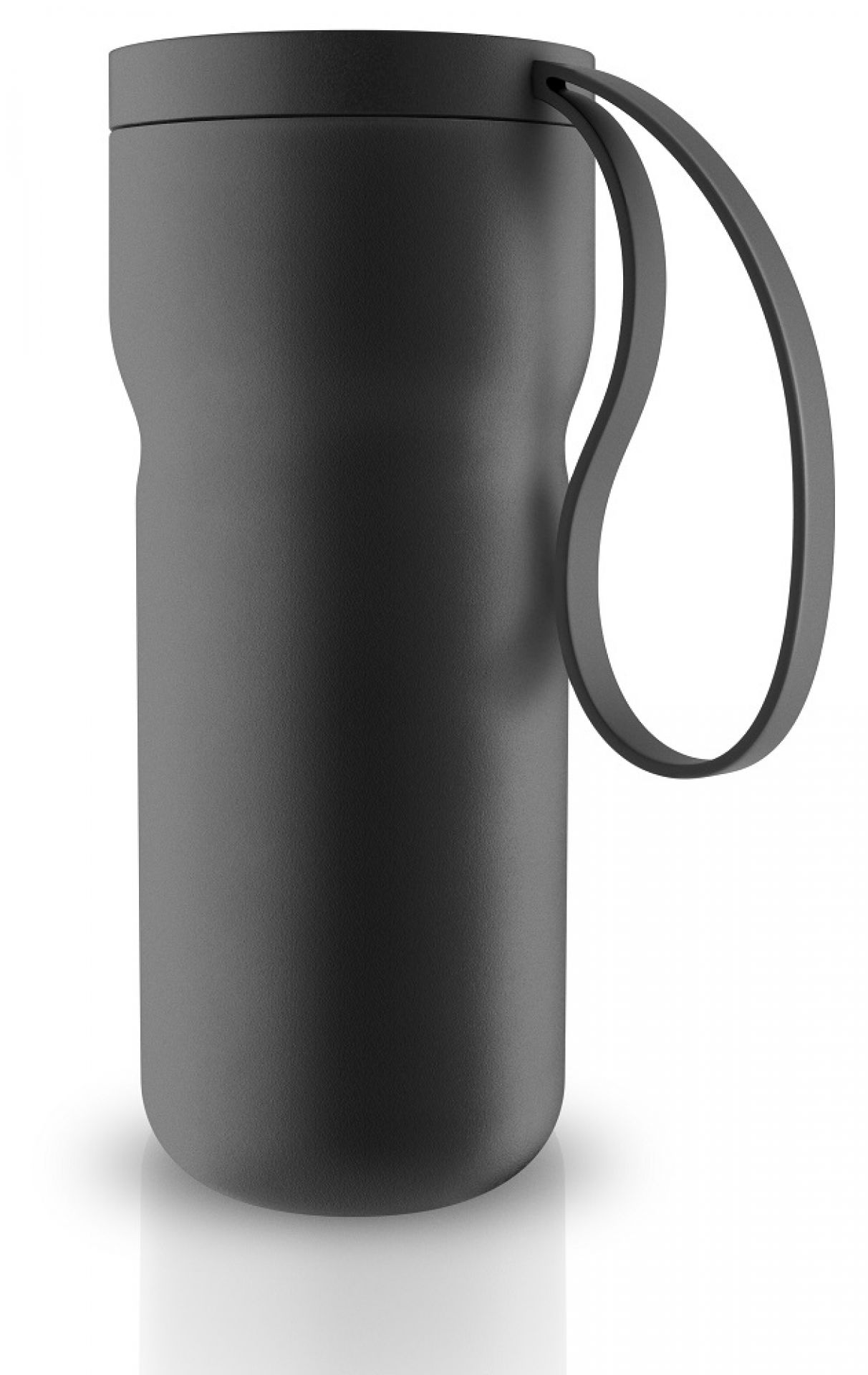 Schwarzer Eva Solo Thermo-Teebecher mit Trageschlaufe. Ideal für unterwegs, hält Tee warm.