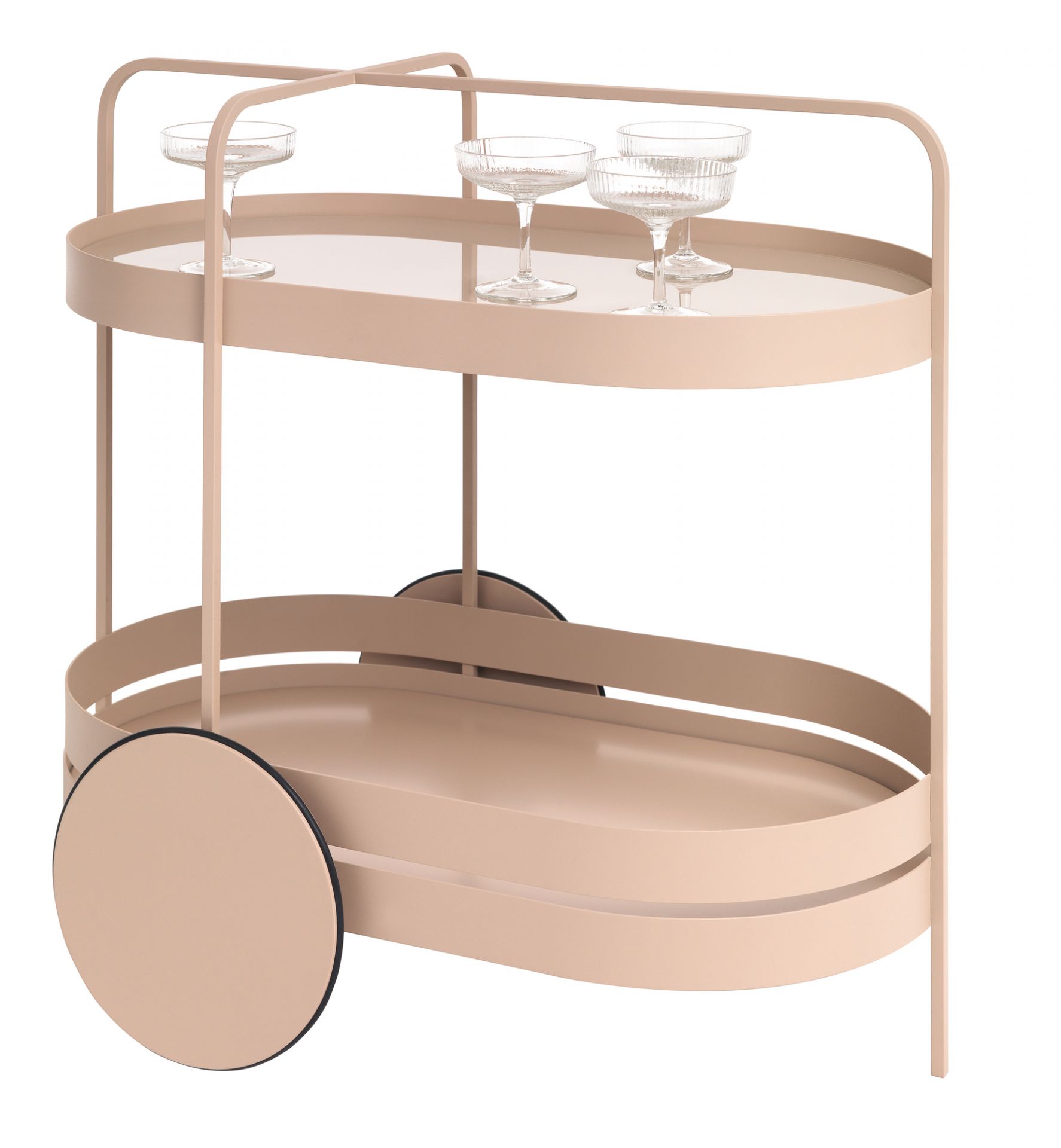 Grace Servierwagen von Schönbuch in Rosenholz mit zwei Ablageflächen und Gläsern.