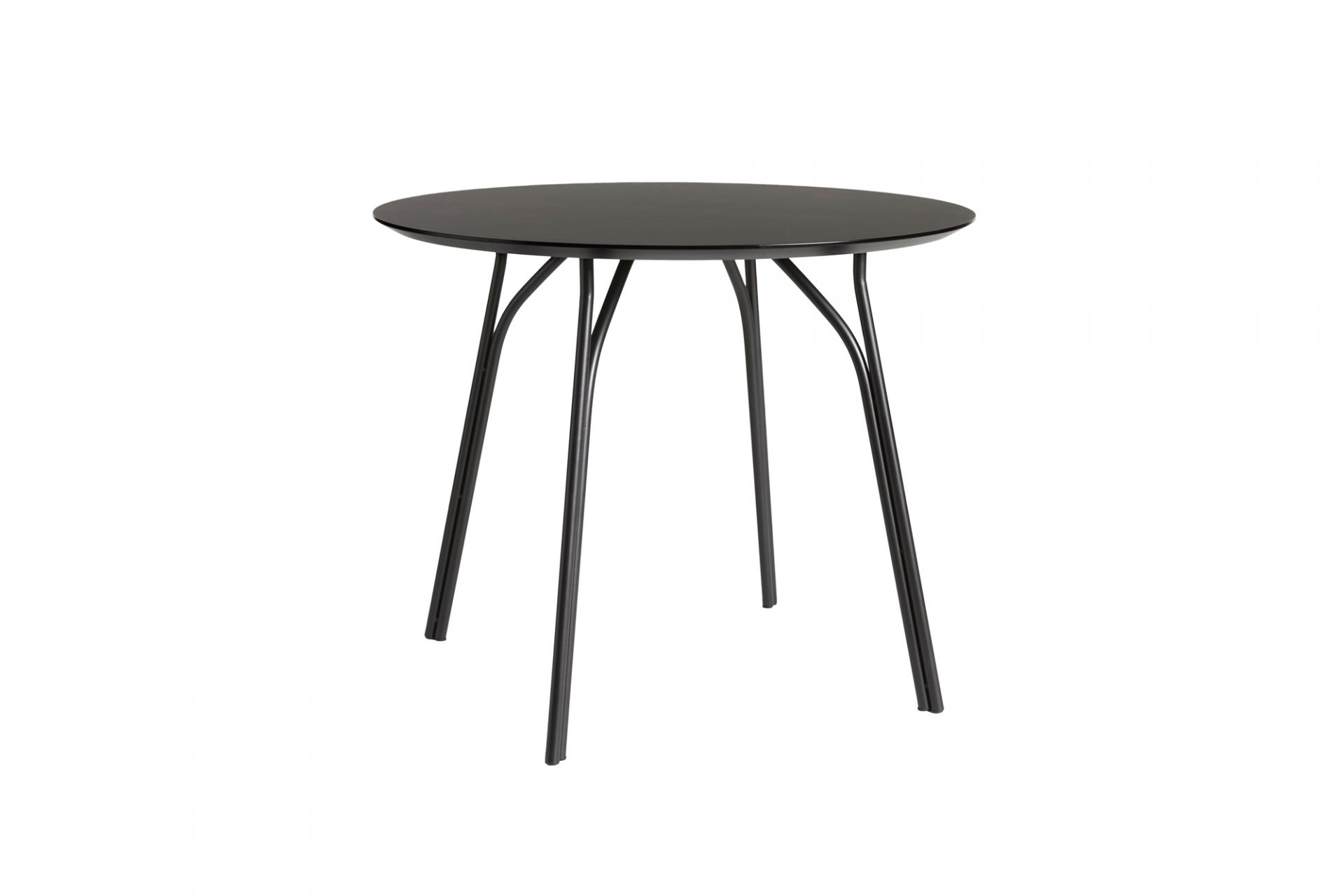 Tree Esstisch von Woud: Runder Tisch mit schwarzem Gestell und Tischplatte in Beige.