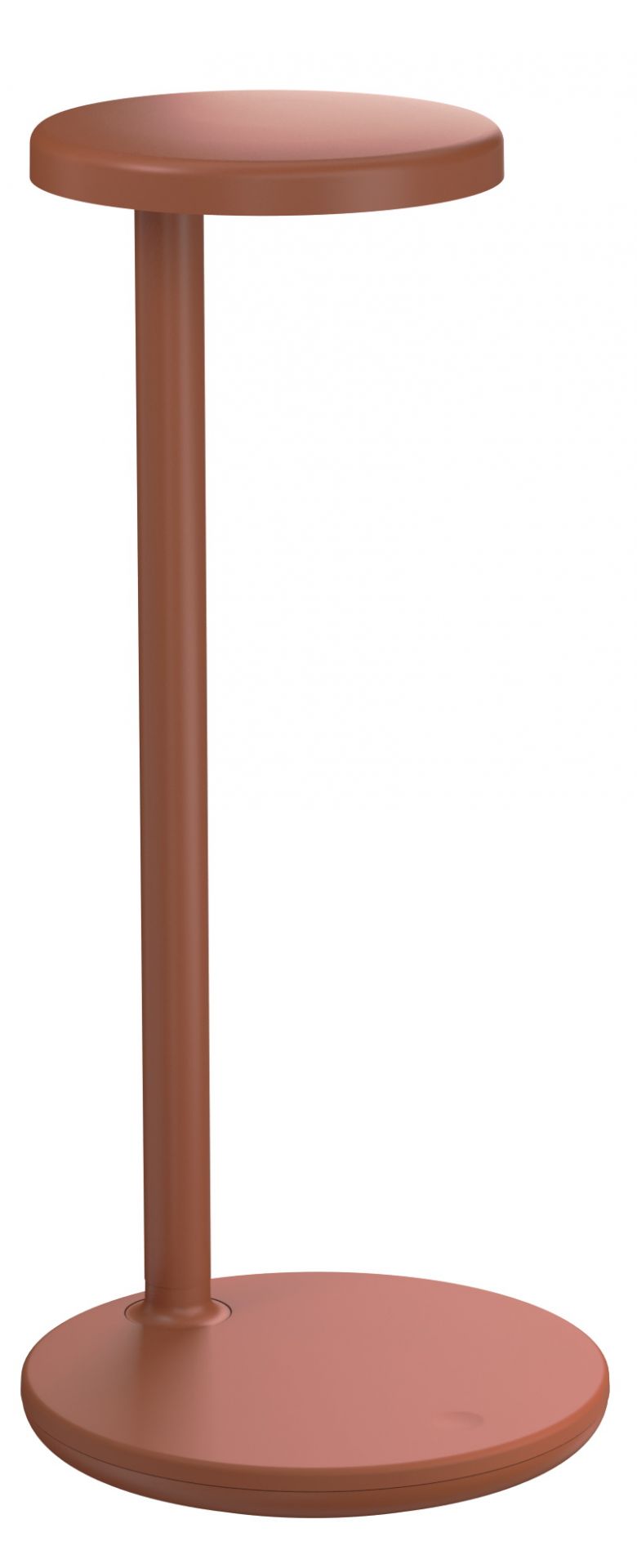 Nahaufnahme der modernen Oblique Tischleuchte von Flos in Terrakotta. Design Tischleuchte für Wohnraum und Büro.