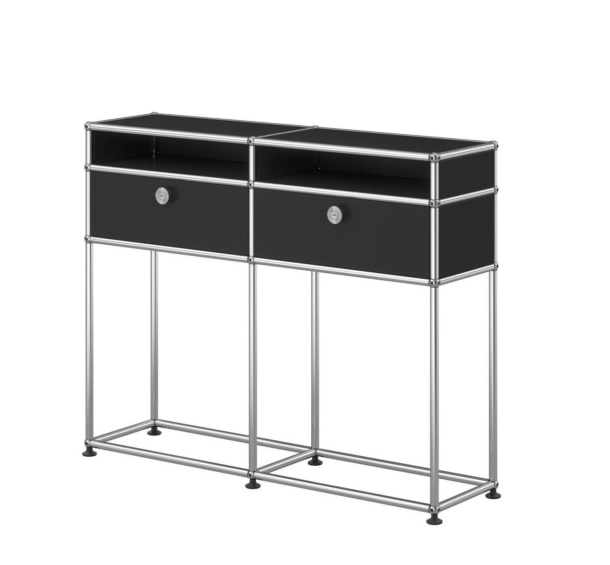 Schwarzes USM Haller Sideboard mit zwei Schubladen und verchromtem Gestell für modernes Wohnen.
