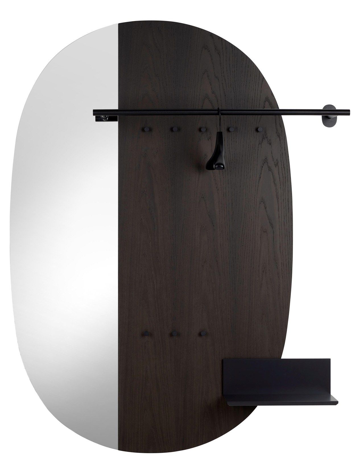 Mask Paneelgarderobe von Schönbuch mit Spiegel, Kleiderstange, Haken und Ablage in dunklem Holz.