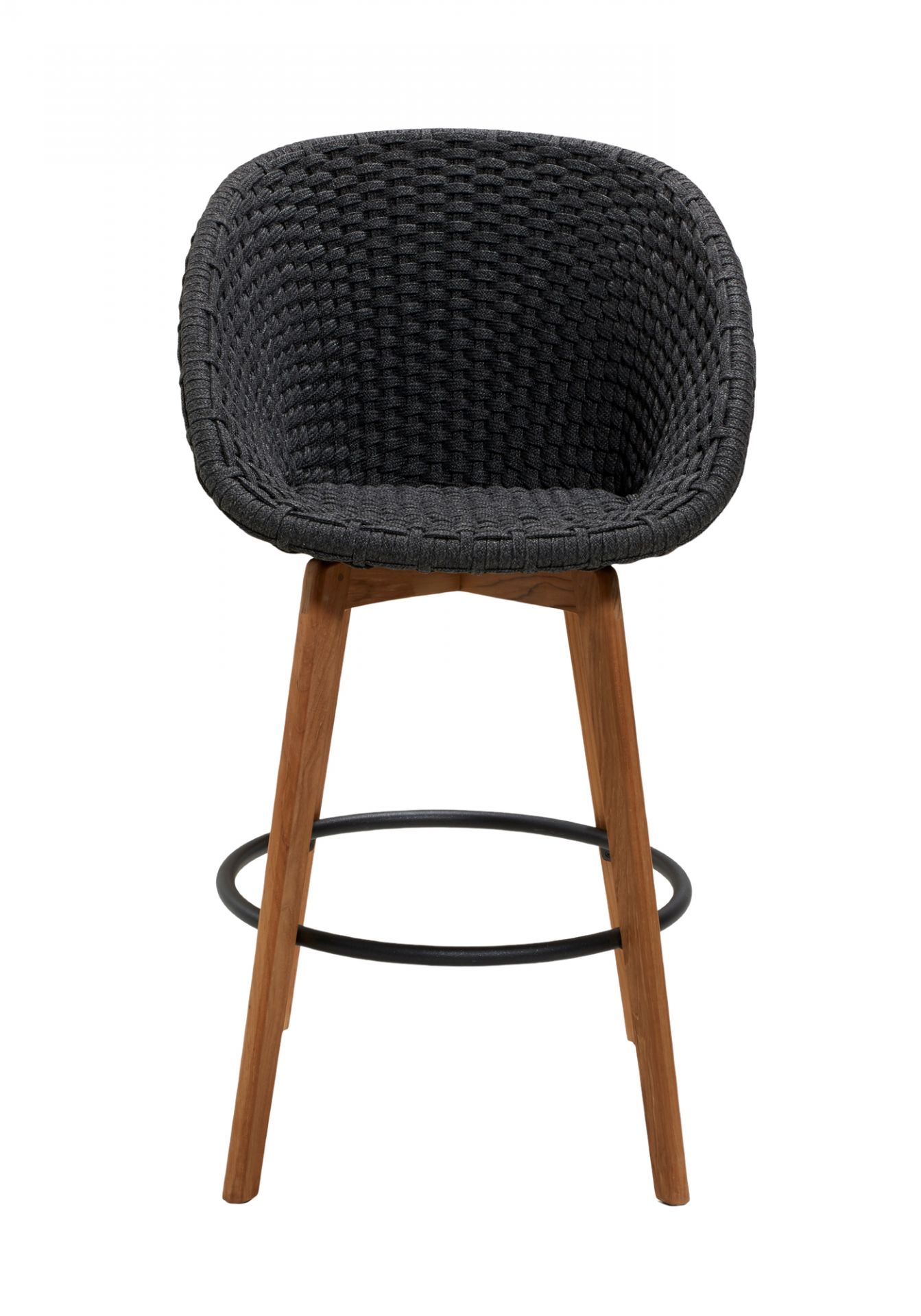 Peacock Barhocker von Cane-Line für den Außenbereich, mit grauem Geflecht und Holzbeinen.