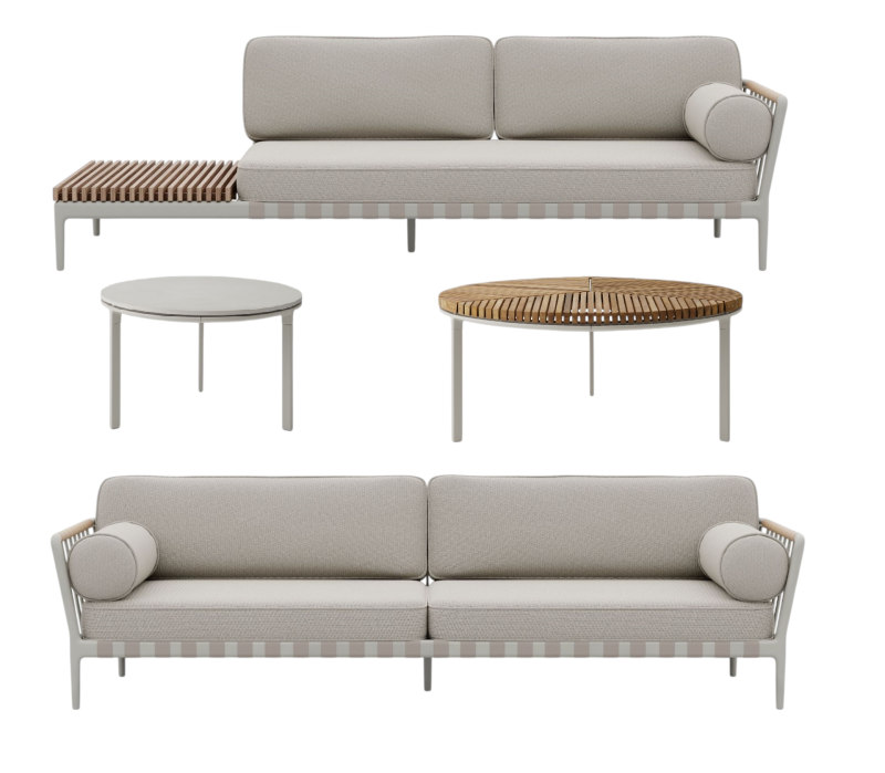 Open-Air Lounge Set: Zwei graue Outdoor Sofas und zwei Beistelltische für Garten oder Terrasse.