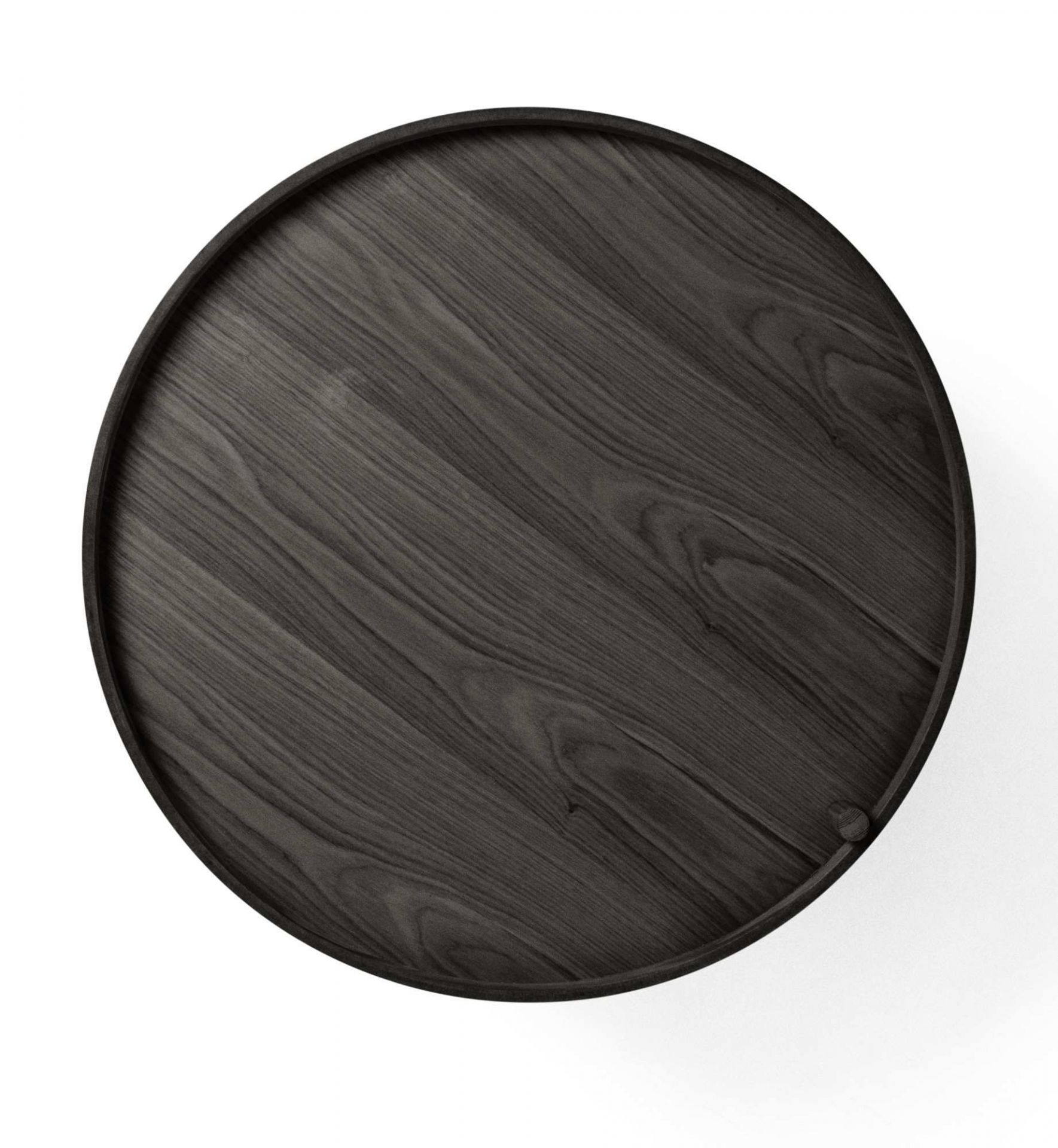 Draufsicht Turning Table Beistelltisch Esche schwarz von Audo, runder Holztisch mit dunkler Holzmaserung.