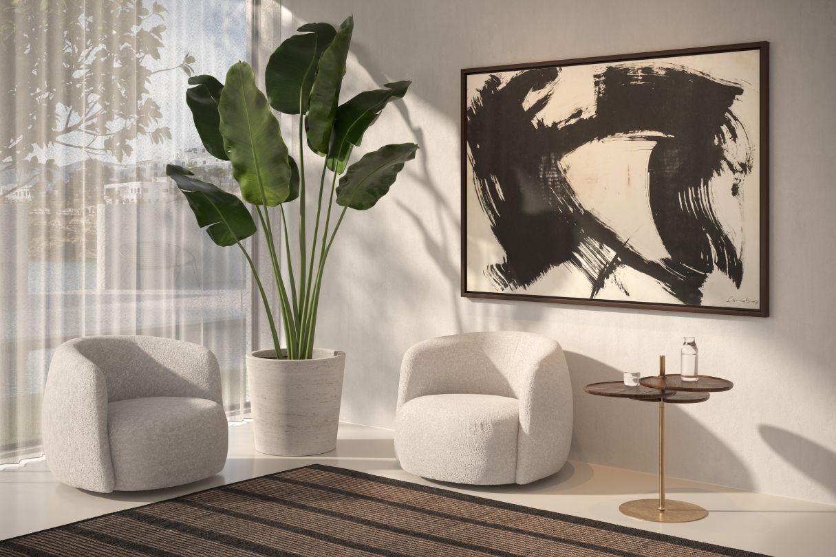 Wohnzimmer-Szene mit zwei Sesseln und dem Leaf 3 Side Table Beistelltisch aus Holz und Metall.