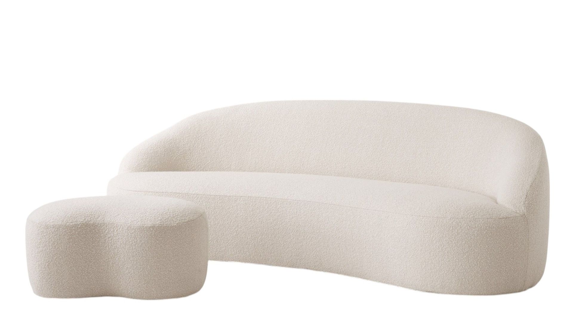 AndTradition Margas LC5 Pouf Hocker und passendes Sofa in Bouclé-Optik, Farbe Creme.