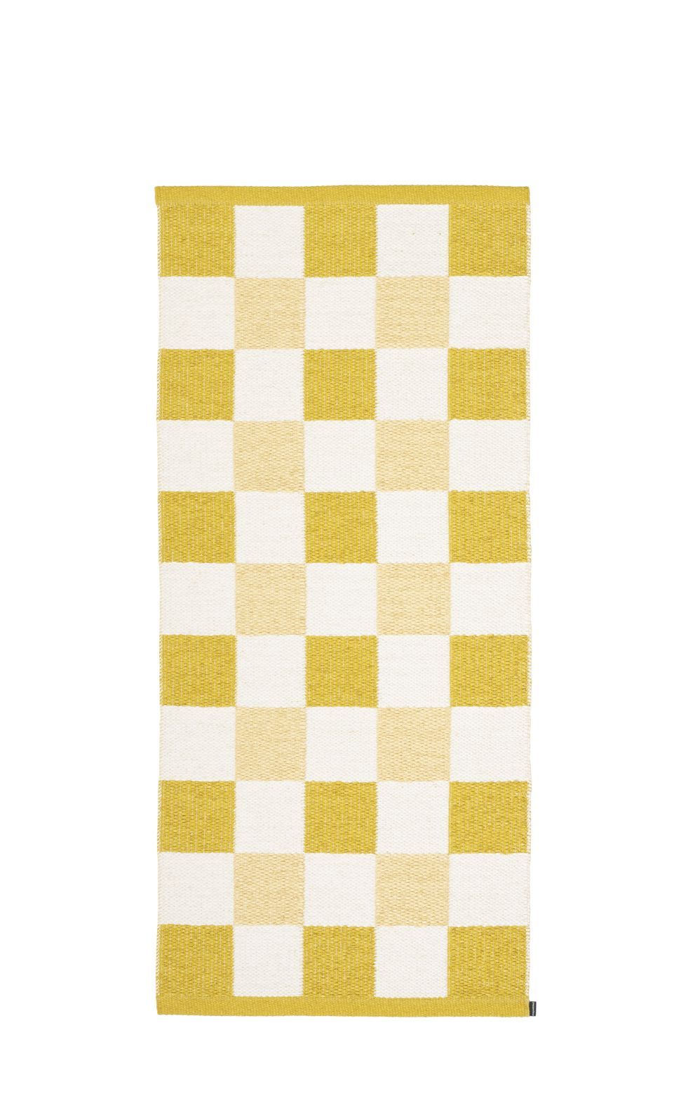 Pix Teppich von Pappelina, 70x160cm, in Senfgelb mit Schachbrettmuster aus Baumwolle für Wohnzimmer.
