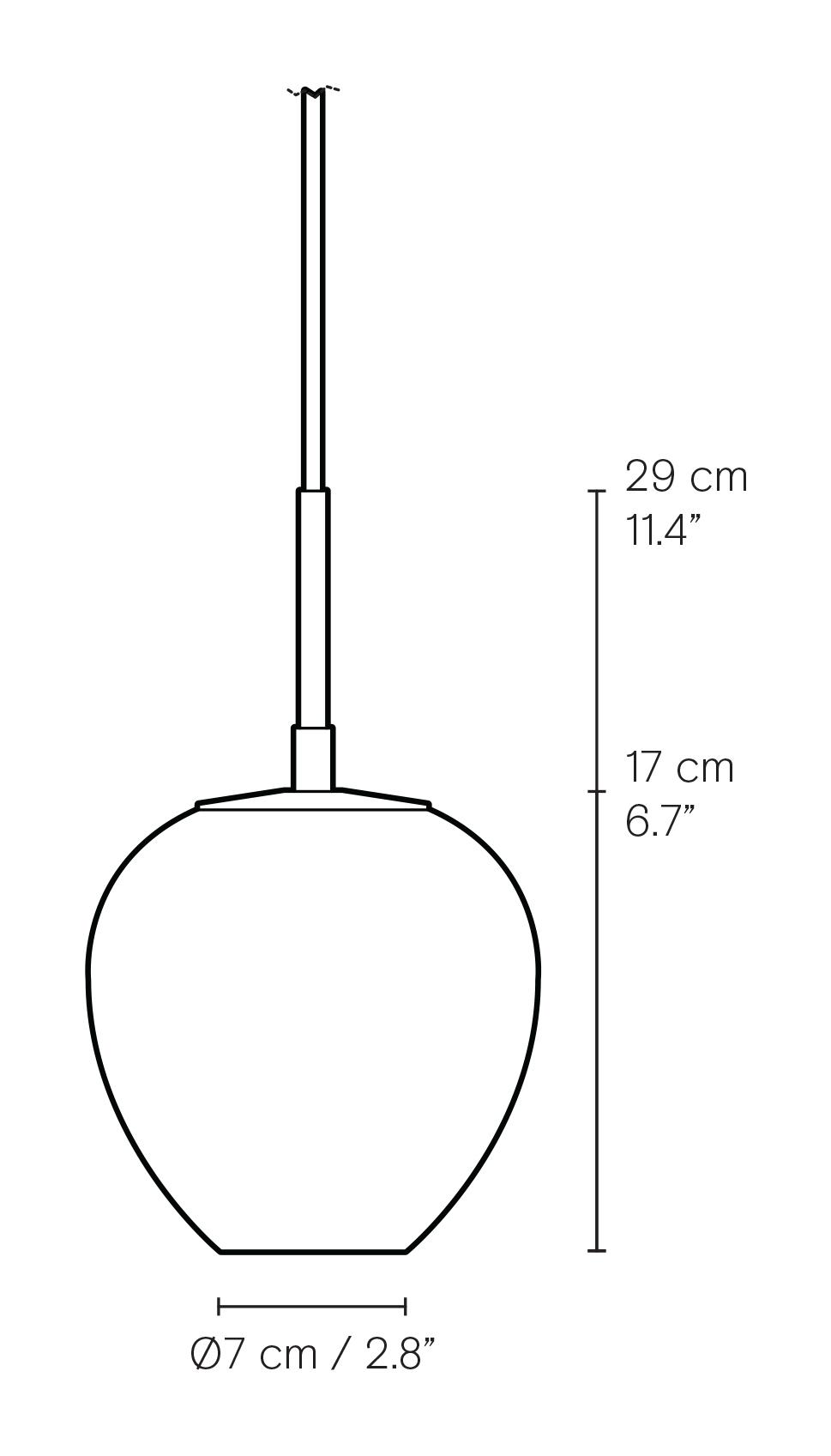 Skizze der Tulip Pendelleuchte von Carl Hansen & Søn mit Maßangaben in Zentimetern und Zoll.