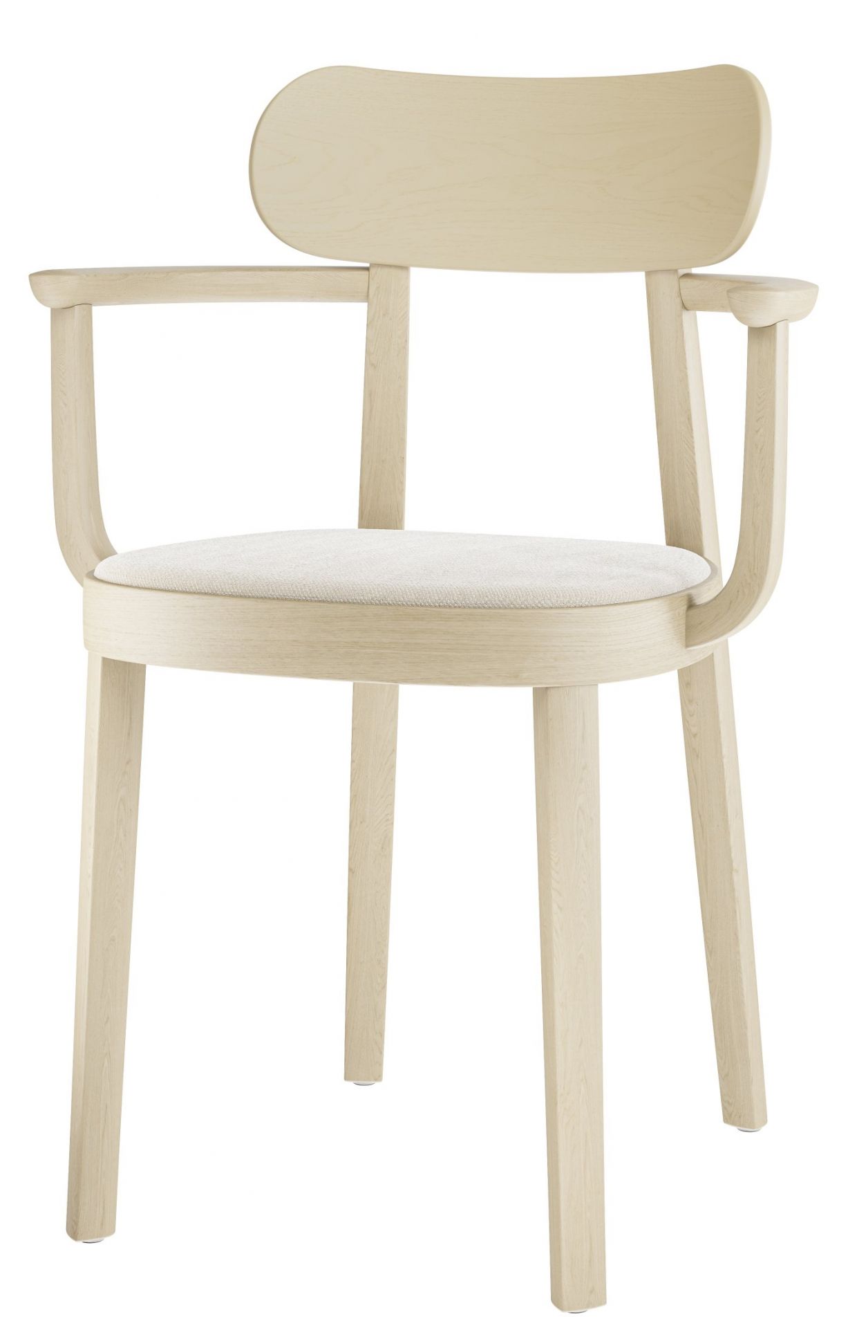 Heller Holzstuhl mit Armlehnen, Modell 118 SPF von Thonet, mit gepolstertem Sitz.