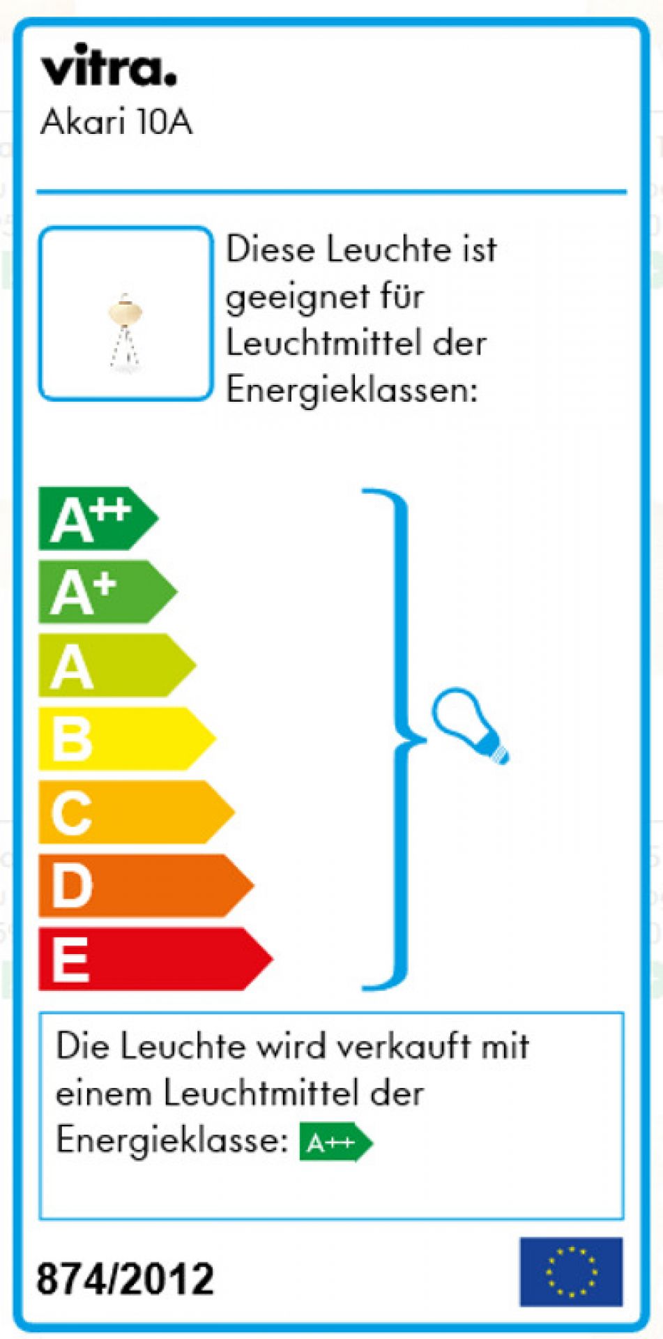 Energieeffizienzlabel der Akari 10A Stehleuchte von Vitra, mit Energieklassen von A++ bis E.
