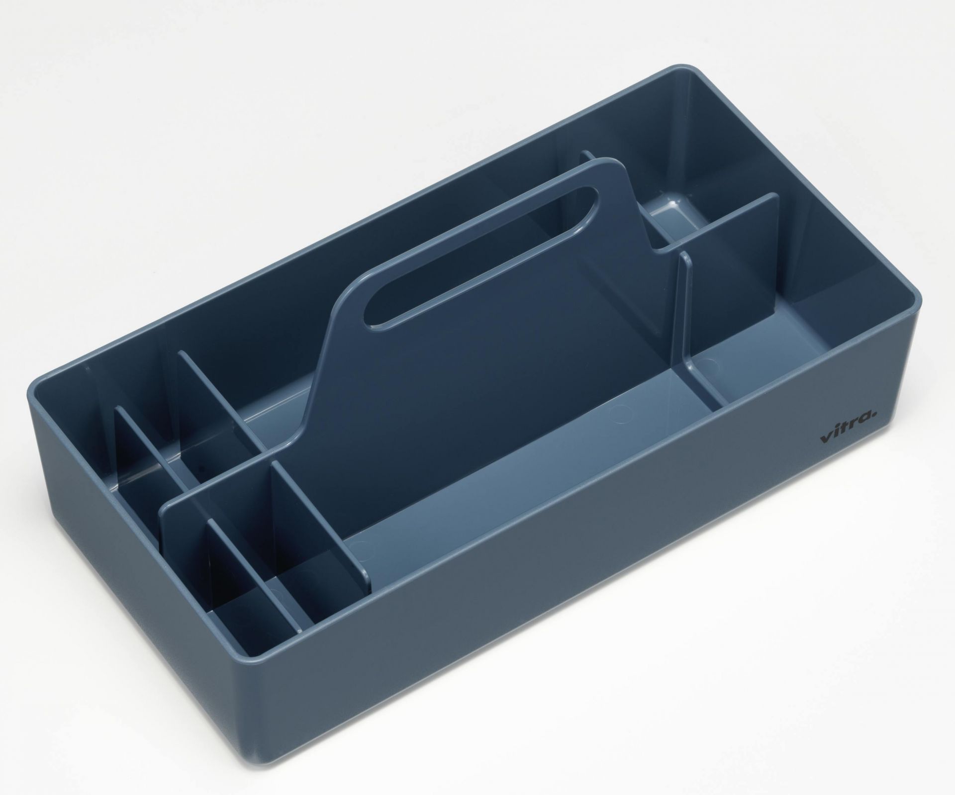 Vitra Toolbox RE, meerblaue Organisationsbox mit Fächern und Tragegriff für Büro, Werkstatt oder Haushalt.