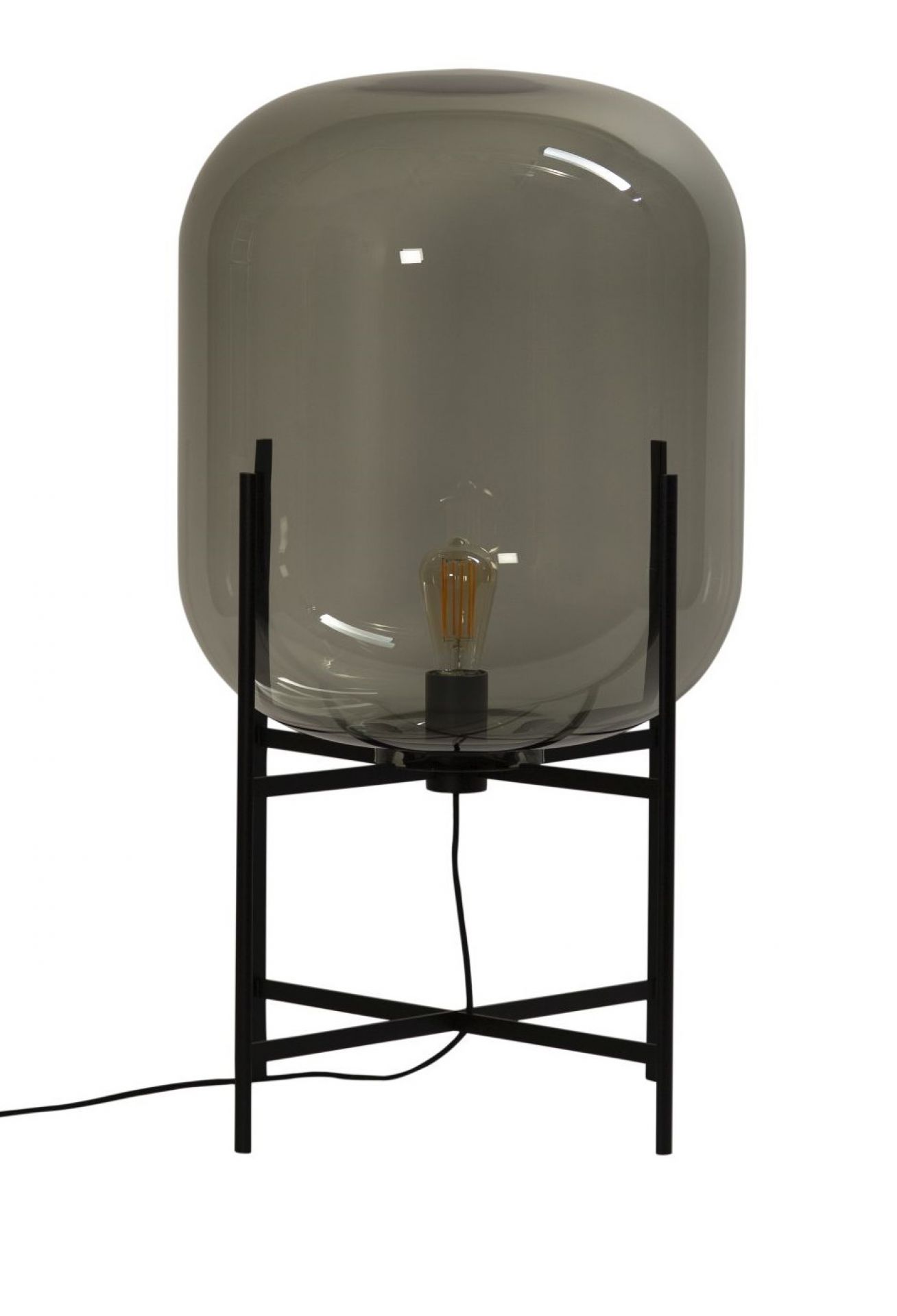 Oda Stehleuchte: Stahlgraue Glasleuchte auf schwarzem Metallgestell. Moderne Lampe für Wohnzimmer und Schlafzimmer.