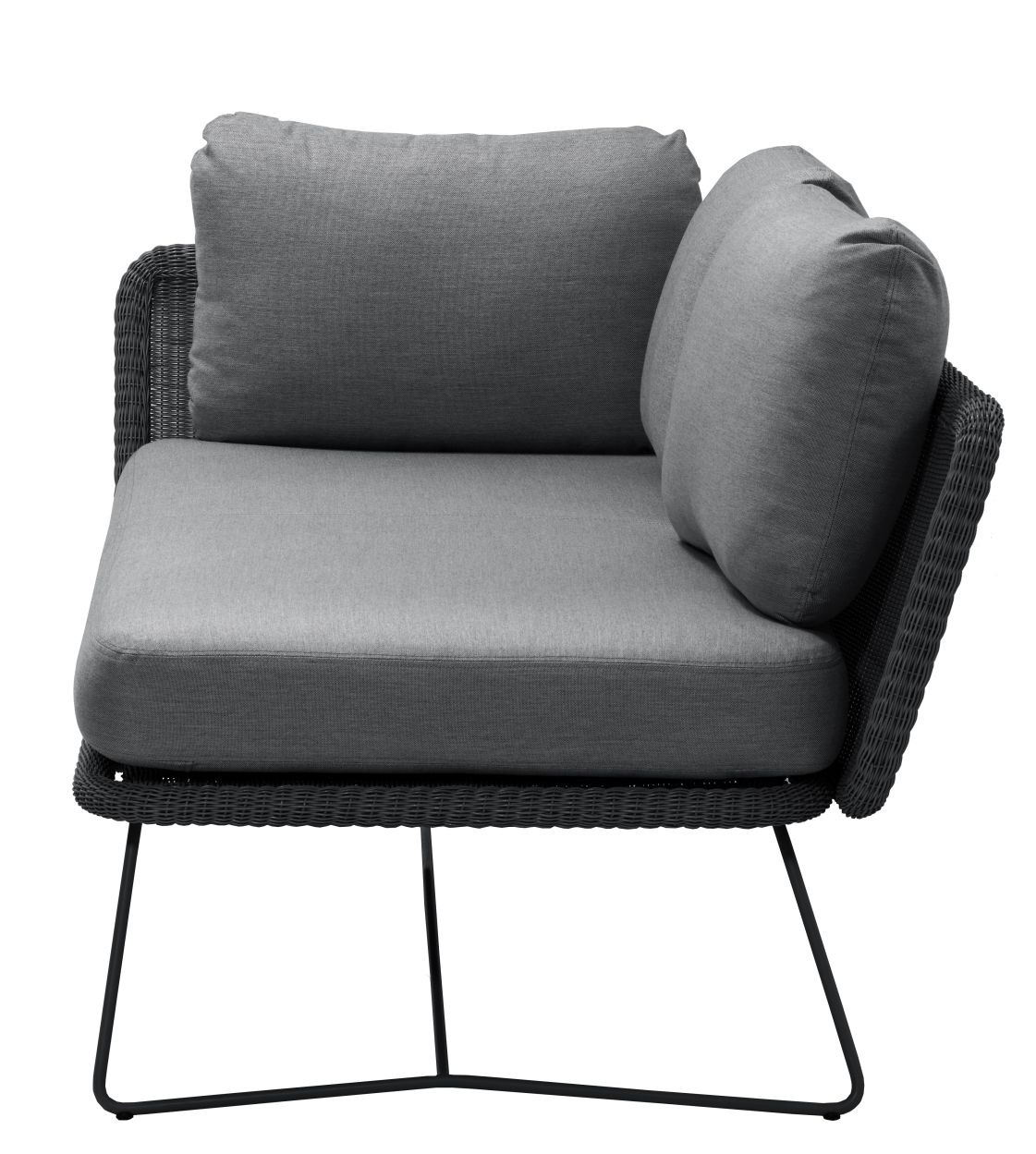 Horizon Outdoor Modulsofa, 2-Sitzer rechts, Cane-Line Gestell schwarz mit grauen Kissen.