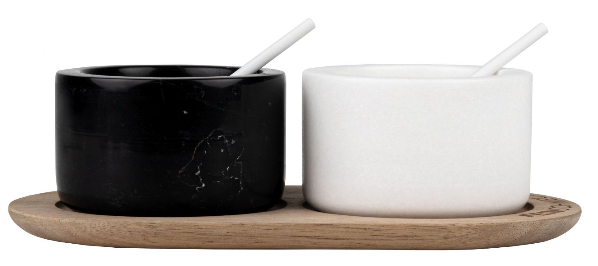 Dining Marmor Tischgewürze Set: Schwarzer und weißer Marmor mit Löffeln auf Holztablett.