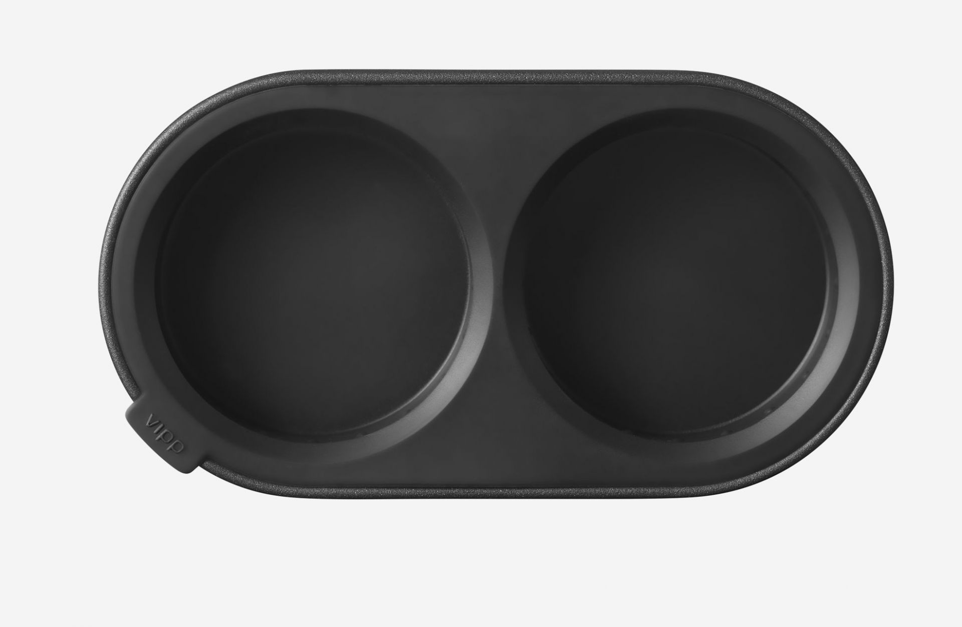 Schwarze Vipp Salz- und Pfeffermühle, leer, von oben fotografiert. Küchenaccessoire für Salz und Pfeffer.