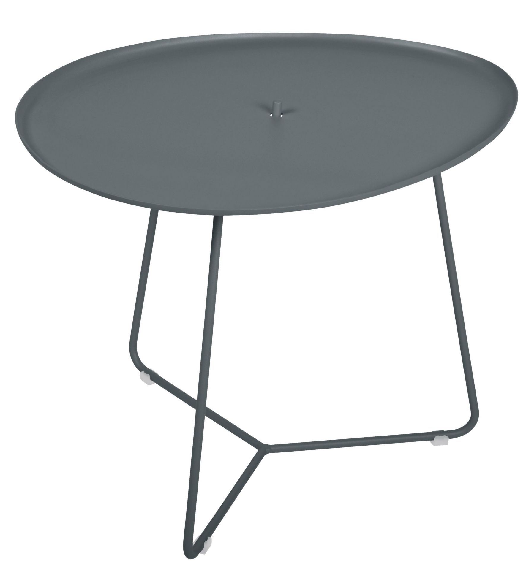 Kleiner, runder Beistelltisch Cocotte von Fermob in Gewittergrau für den Outdoor-Bereich. Gartentisch mit filigranem Design.
