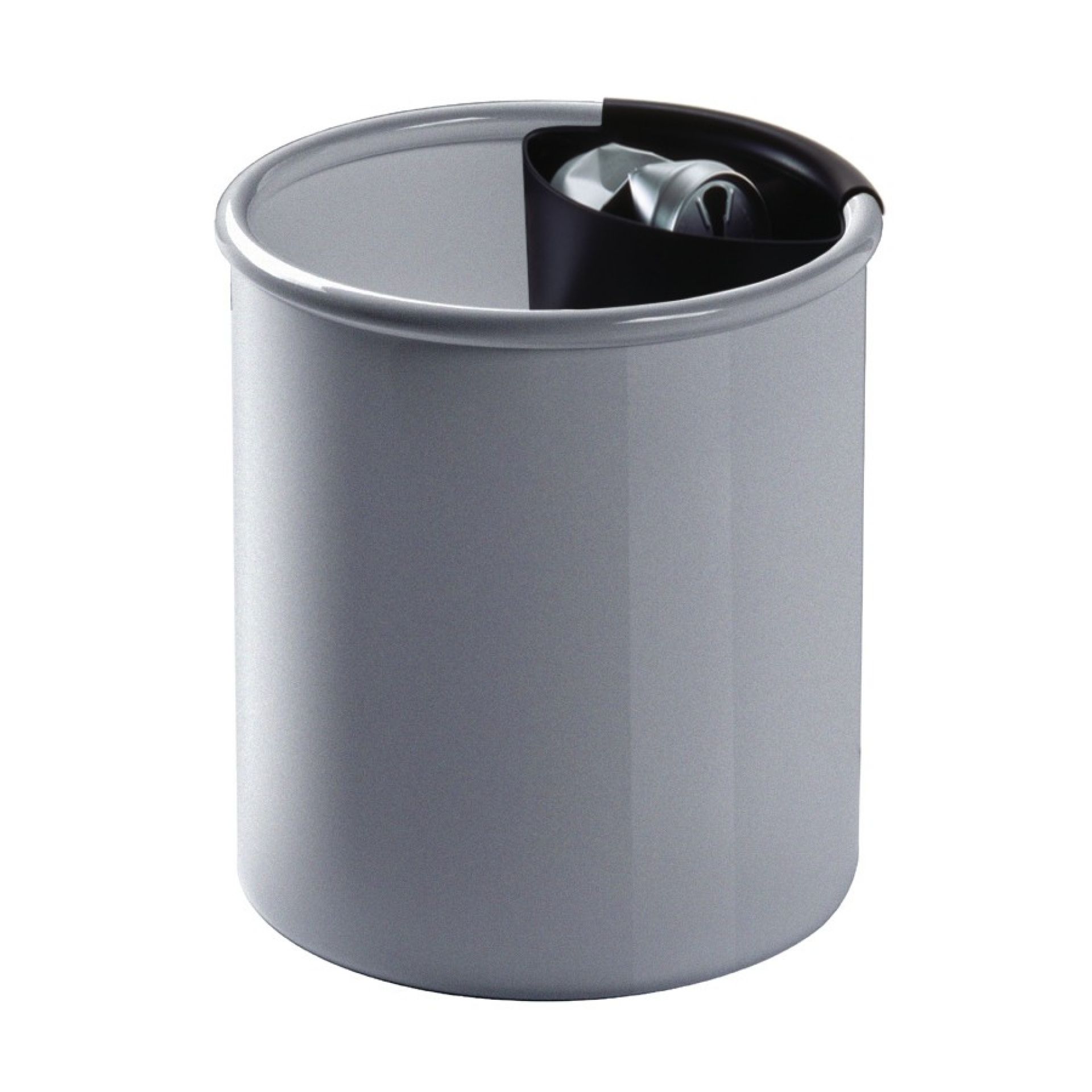 Grauer Colmo Papierkorb von Rexite mit schwarzem Einsatz und zerknülltem Papier. Bürobedarf und Müllentsorgung.